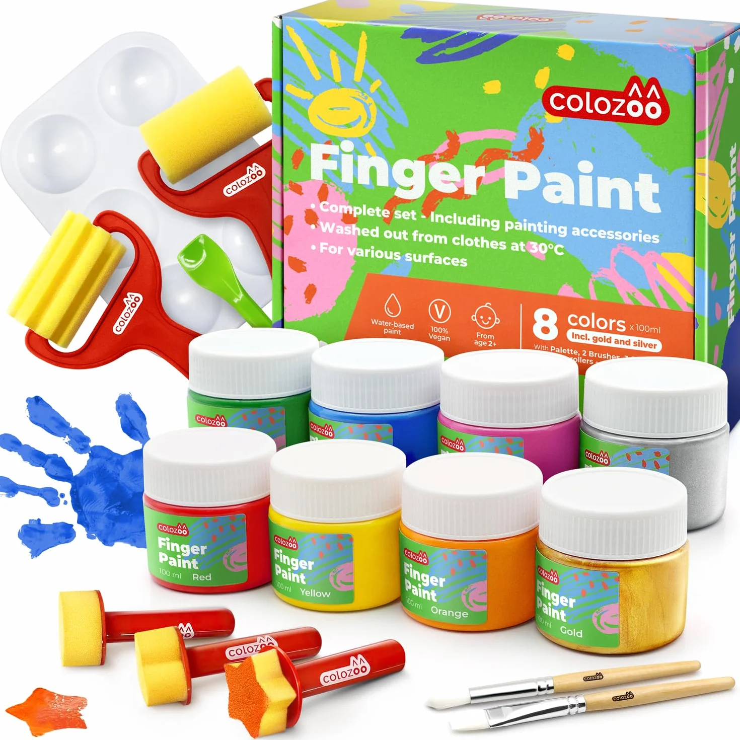 colozoo Pintura de Dedos para Niños Set Inc. Accesorios | Pintura Dedos Bebe no Toxica 8x100 ml Colores Inc. Oro y Plata | Sin Parabenos, Gluten ni Lactosa, a Base de Agua, Vegano