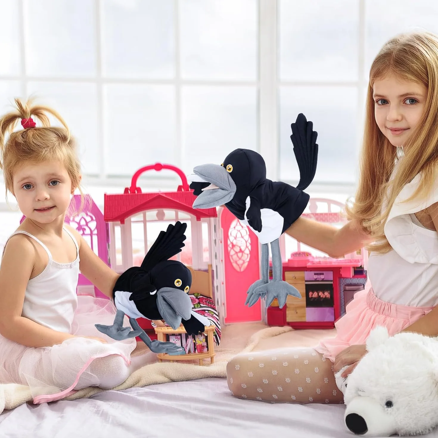 Muñeco de peluche Steve y Maggie – Marioneta de mano Maggie la Urraca para niños a partir de 1 año, suave marioneta de pájaro para juegos de rol, canciones infantiles y aprendizaje (PEQUEÑO)