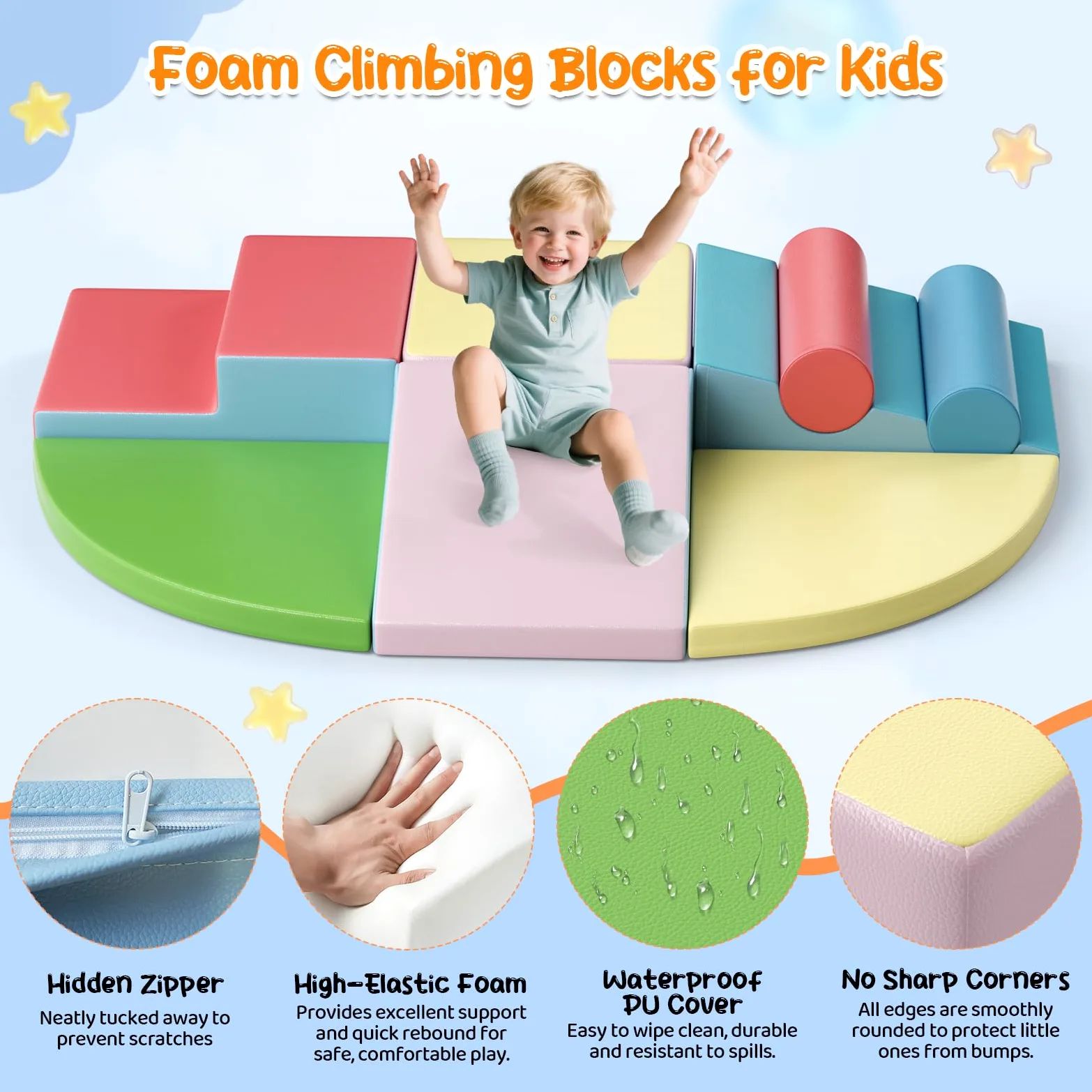 8p - Bloques de escalada blancos para niños, bloques de escalada para bebés, revestimiento de PU resistente a los arañazos, fácil de limpiar, cierre de cremallera oculta, espuma de alta