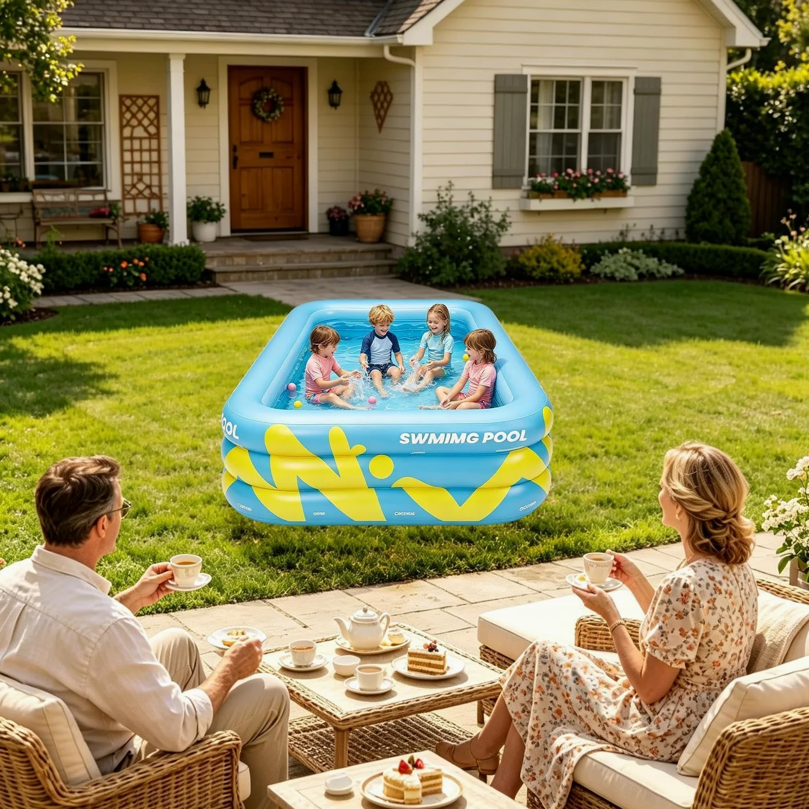 Piscina Hinchable Infantil Juguete Engrosado de 210 por 145 por 56 | Piscina Infantil Para Niños Para Patio, Exterior, Jardín, Patio Trasero, Césped, Parque, , Natación Y