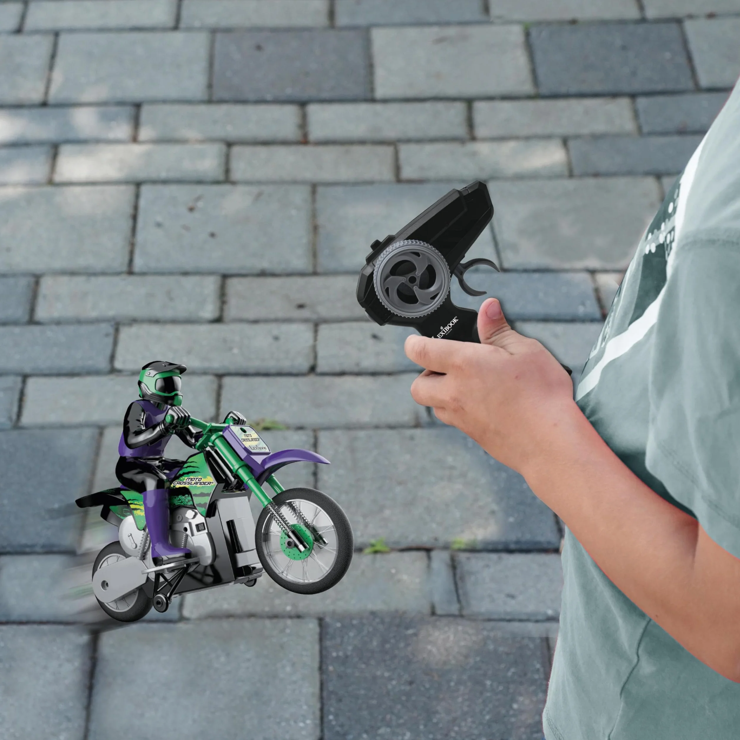 Lexibook, Moto Todoterreno radiocontrolada Crosslander®, hasta 12km/h, Equilibrio, Efectos de luz, derrapes Locos, aceleración rápida, Mando a Distancia ergonómico, Recargable, RC18LXB