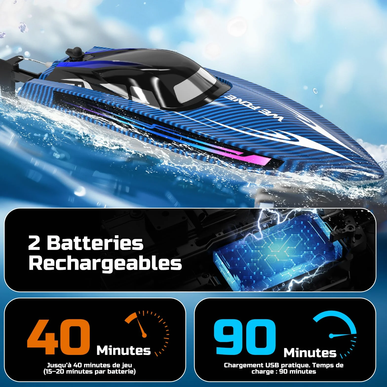 WeFone Barco teledirigido para adultos, 25+ KMH Fast RC Speed Boat con luz LED para niños, DEMO, WF17, ideal para piscinas y lagos de juguete, 2 baterías recargables durante 30-40 minutos (azul)