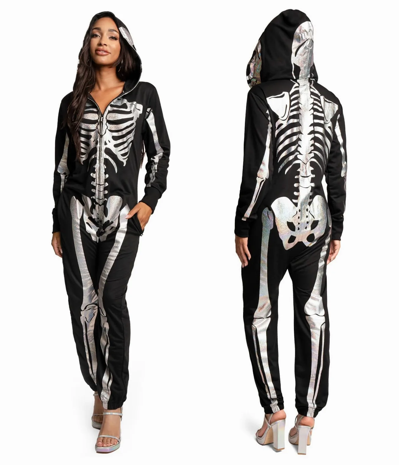 Tipsy Elves Disfraz de esqueleto de Halloween para mujer, overol cómodo y fácil para adultos, estampado frontal y trasero con máscara con cremallera