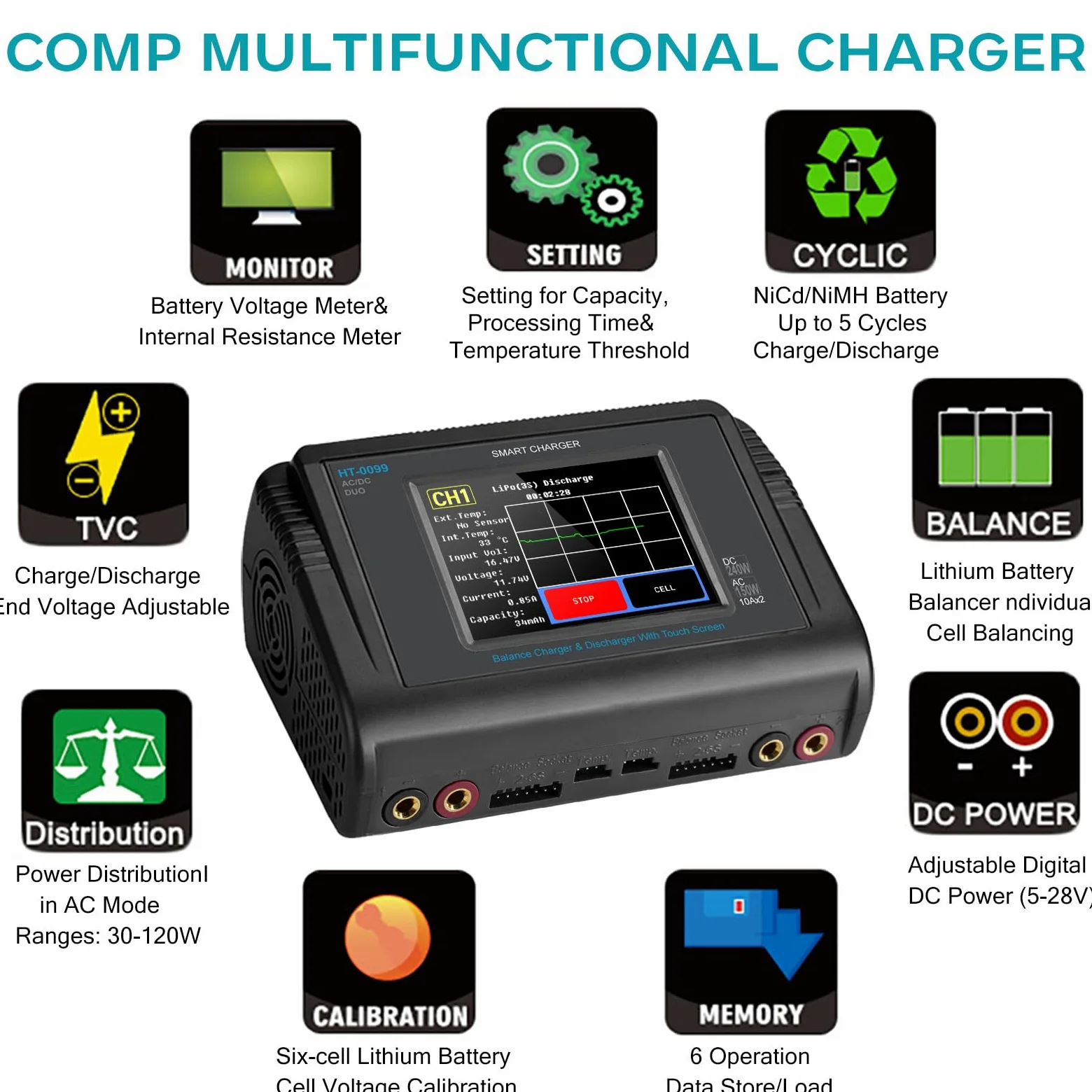 Haisito LiPo - Cargador para pantalla táctil, doble balance, CA 150 W, CC, 240 W, 10 A, para vida útil de iones de litio, NiCd, NiMH, LiHV PB