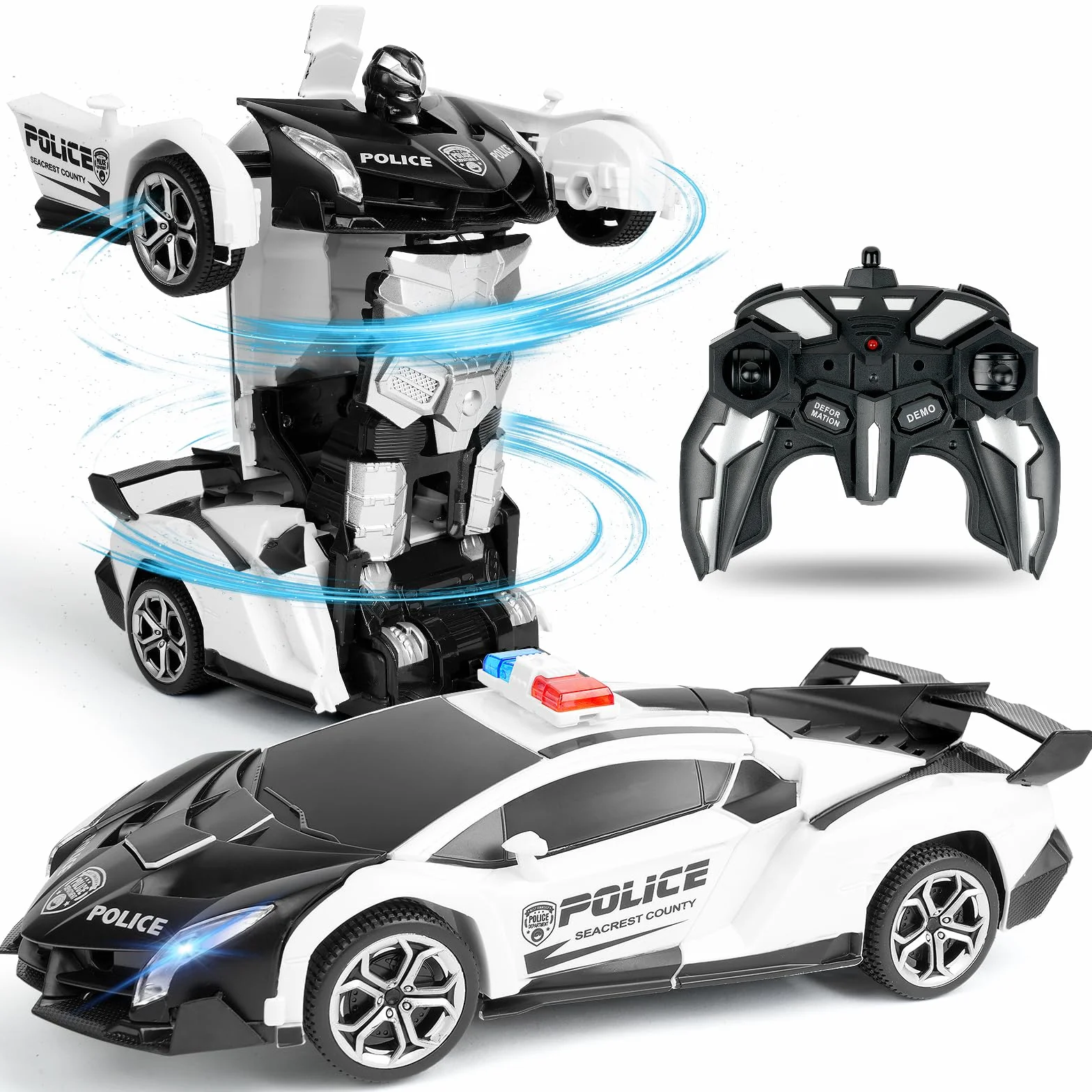 HOTUT 2 in 1 Robot RC Car,2.4GHz Transform Juguete Coche Teledirigido,Coche de Policía Teledirigido,con LED,Batería Recargable,Radiocontrol Coche de Juguete Teledirigido Niños Niñas 3-10 Años