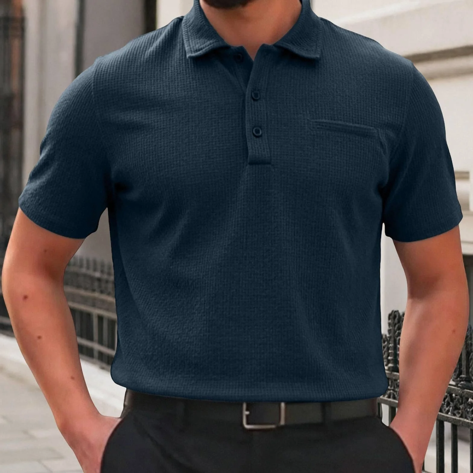 Polo Breeze para Hombre con Ajuste para Barriga Cervecera, Elástica y Secado Rápido, Cuello Texturizado Manga Corta para Golf y Casual