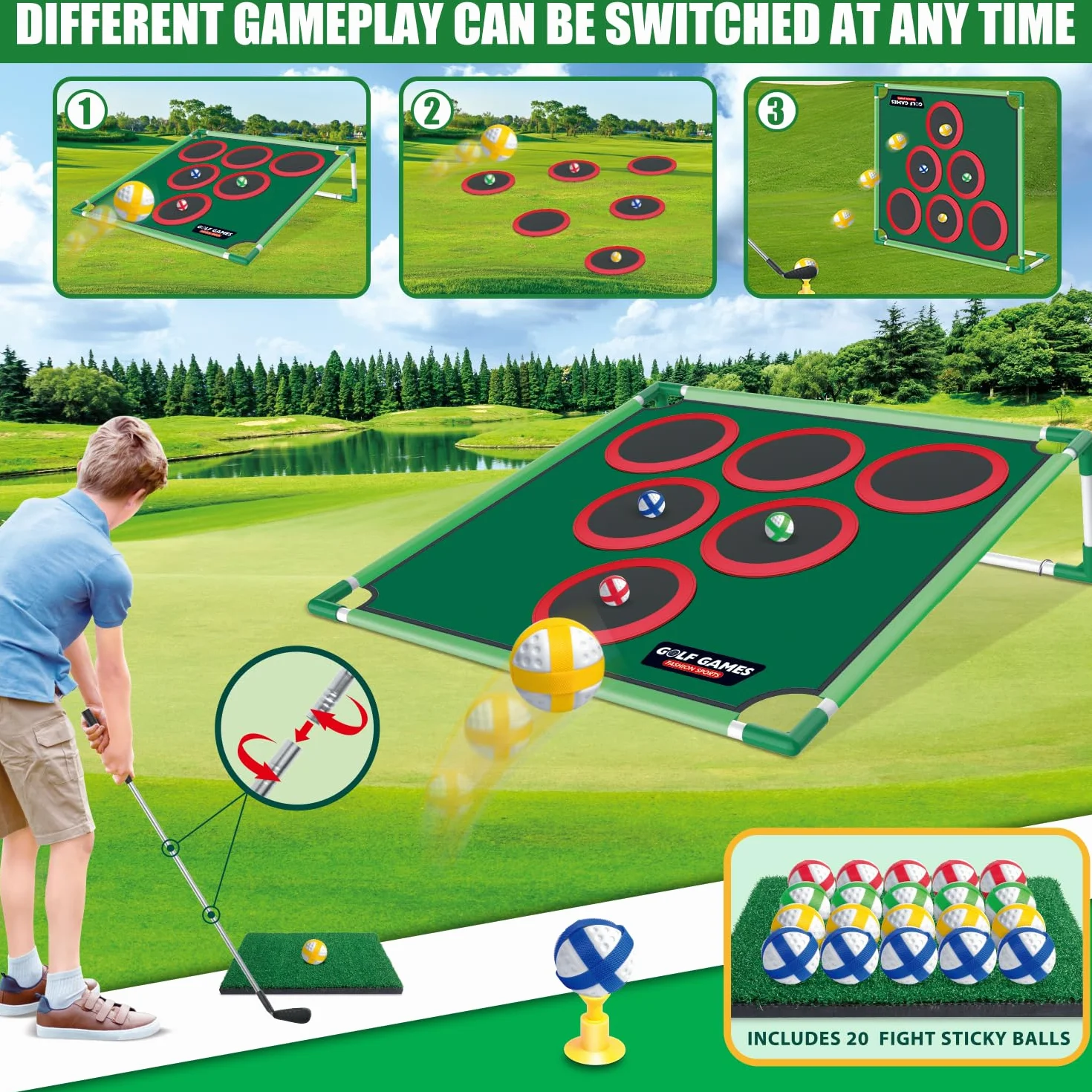 Mostop Juego de juego de golf – Juego de Cornhole para patio trasero incluye alfombrilla de putt, 20 bolas adhesivas, 6 fundas de agujero, bolsa de transporte, juegos de patio de golf para adultos