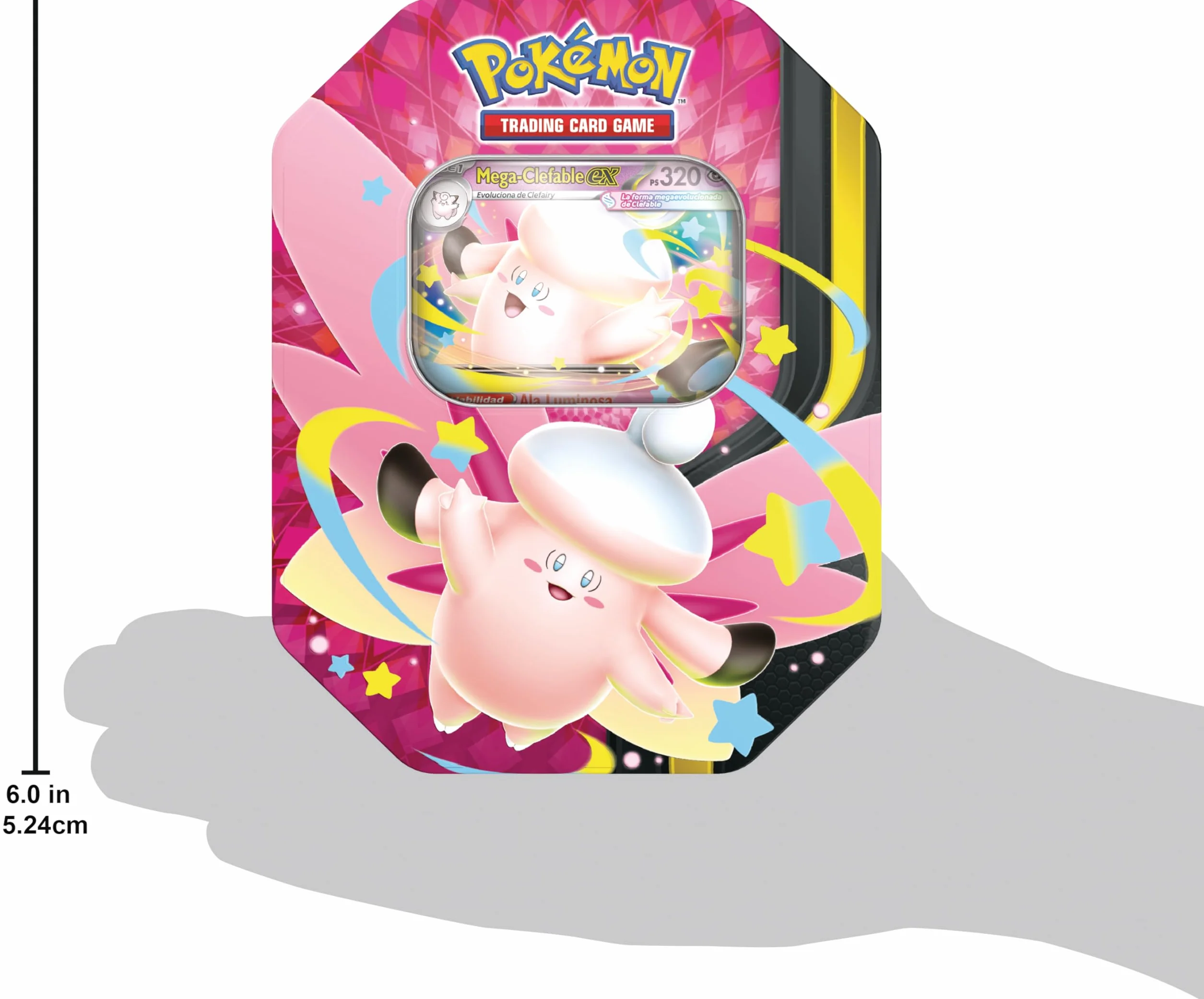 Pokémon JCC Lata Megaluz Lunar Mega-Clefable ex 4 Sobres de Mejora 1 Carta holográfica