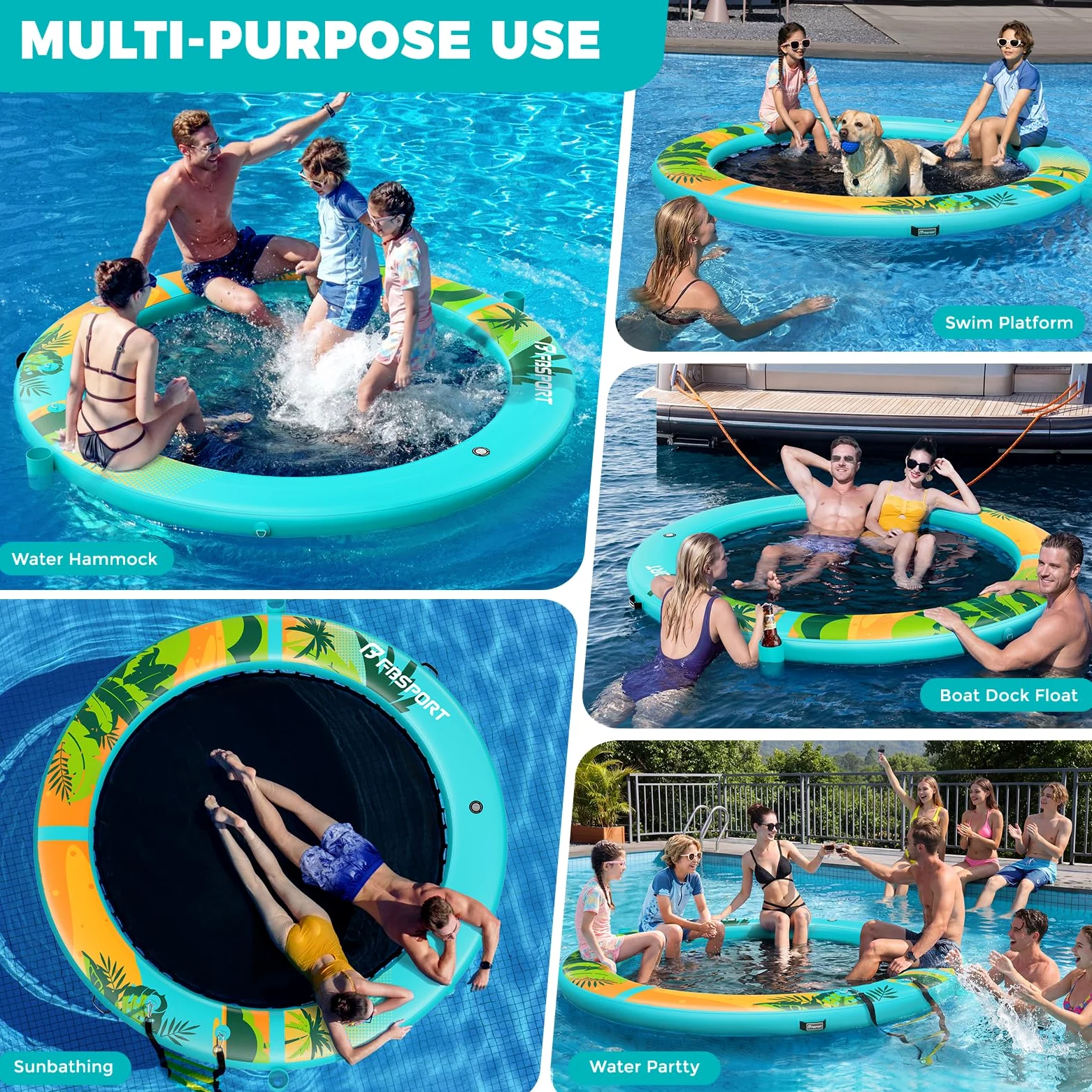Sunchill Float Platform 240/300 cm Plataforma Flotante Hinchable para 2-5 Personas, Muelle Redondo con Red Reforzada Heavy Duty, Hamaca Acuática, Isla Flotante para Piscina, Playa y Mar