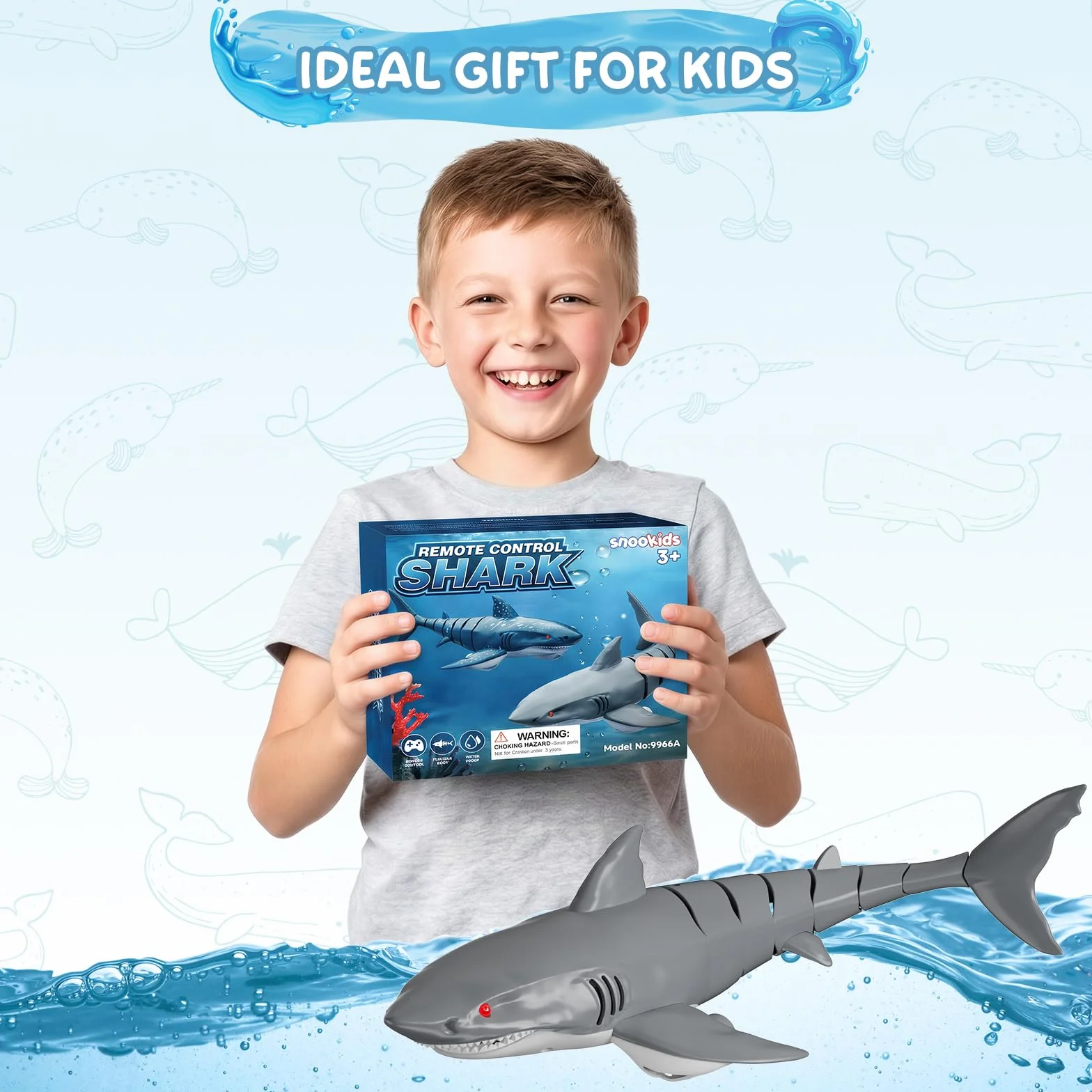 snookids Tiburón Teledirigido Juguete – 2,4 GHz Barco Teledirigido Simulación Shark, USB Recargable, Juguete Piscina con Luz en Ojos y Encendido Automático, Regalo para Niños y Niñas