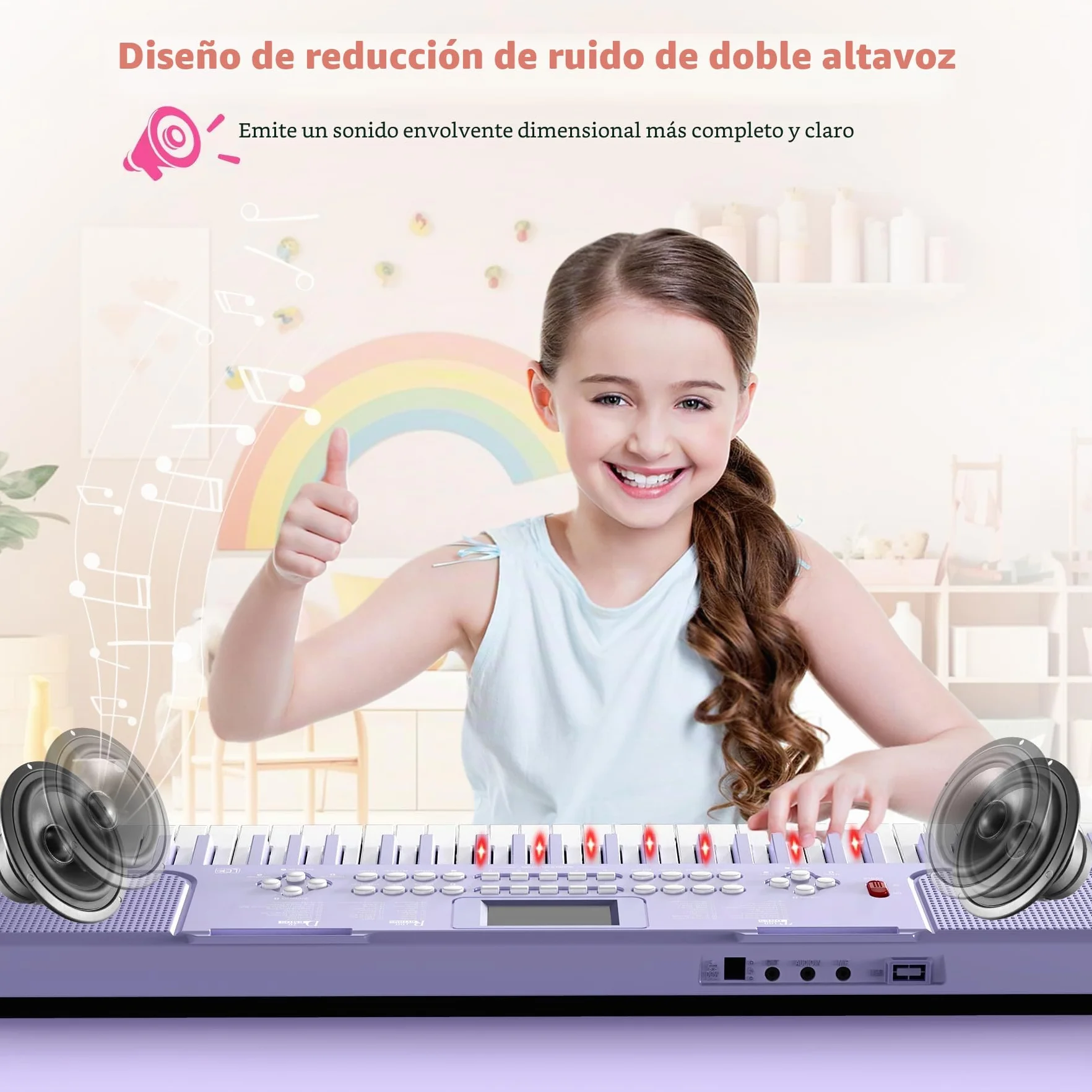 Piano digital electrónico para niños con teclas iluminadas, portátil, de 61 teclas, juguete musical educativo para principiantes con atril y micrófono. (Púrpura)