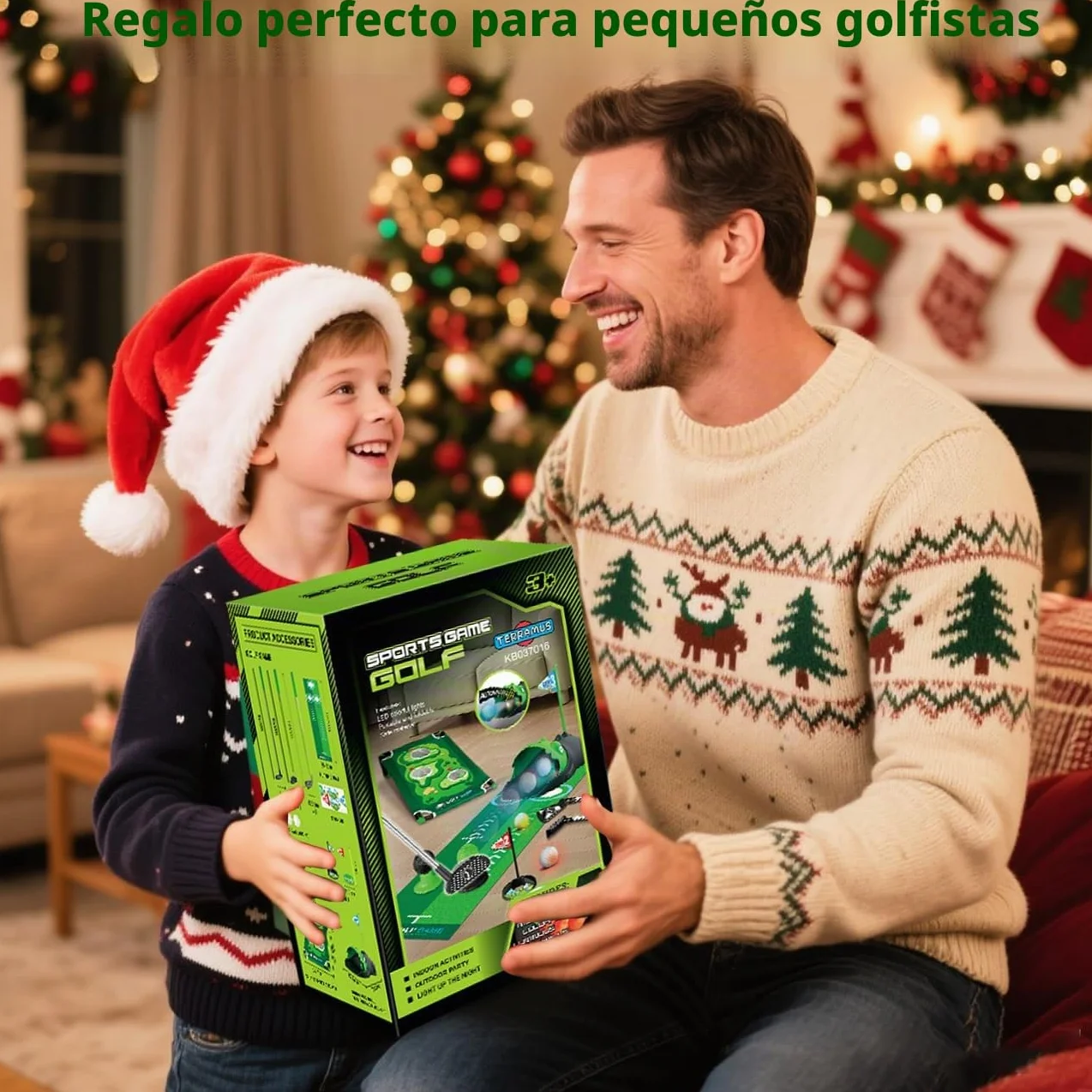 TERRAMUS Set de Golf 3 en 1 para Niños con Devolvedor de Golf Automático de Dinosaurio, Tablero de Cornhole de Golf, Pelotas Iluminadas con LED, Tapete de Putting,Juguetes,Juegos de Mini Golf Pequeños