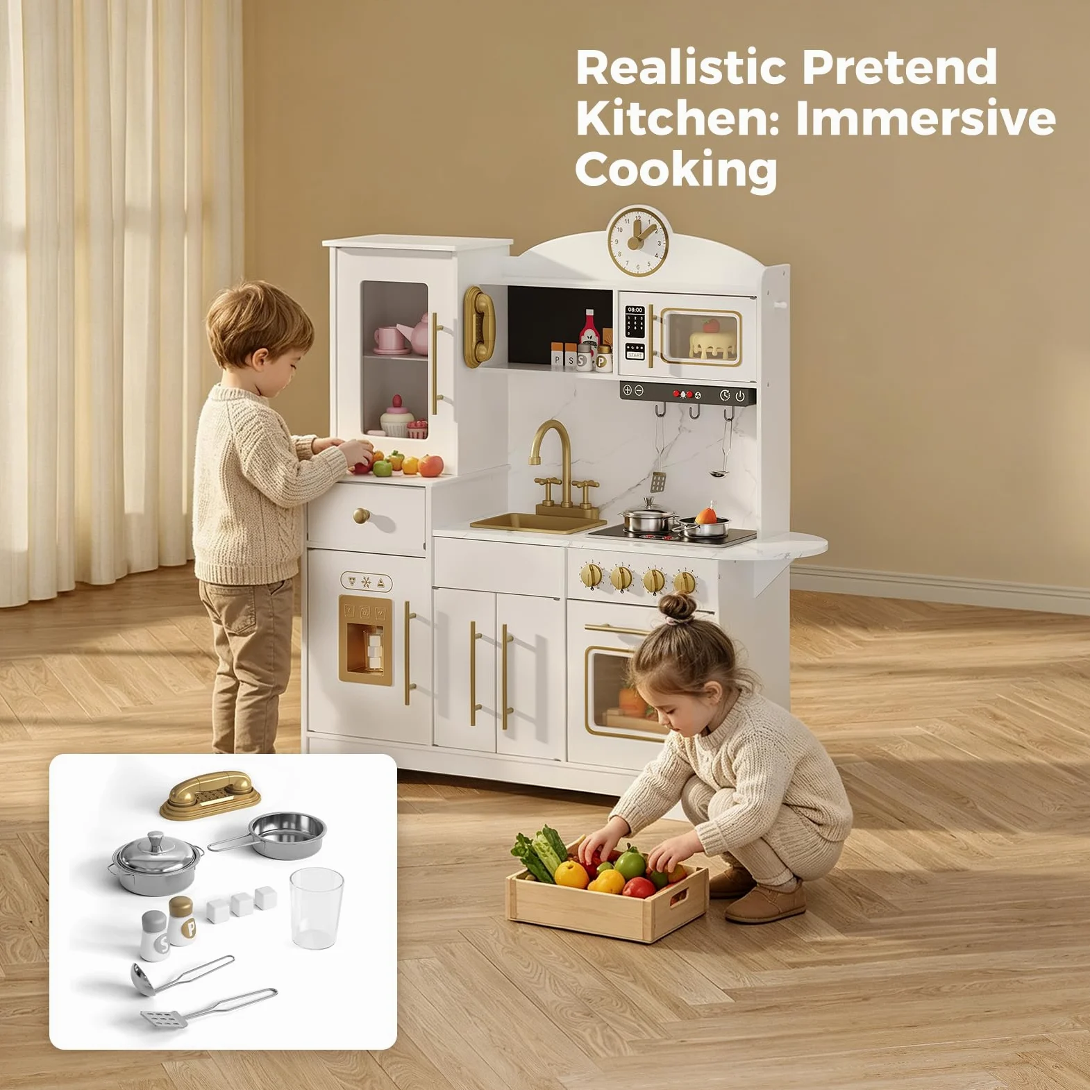 Cocina Juguete para Niños, Cocinita Infantil con Sonido Fogón Grifo Fregadero Microondas Reloj Máquina De Hielo y Accesorios De Cocina, Cocinita De Madera Infantil y 3 Años +, Educativo Imitación