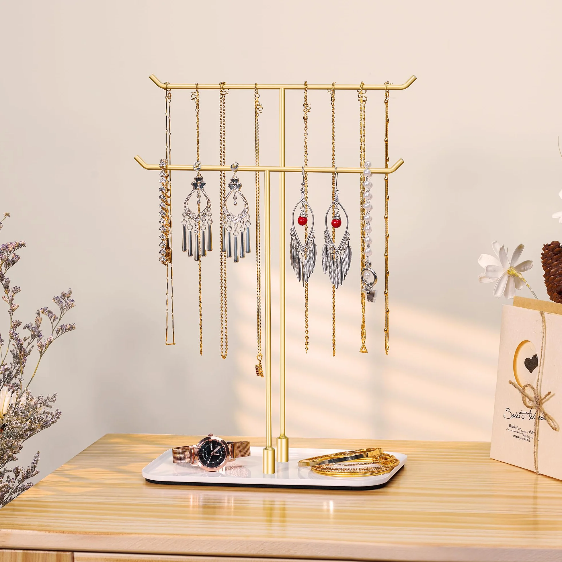 Josmimic Soporte para joyas, bandeja para joyas, organizador de joyas para collares, pulseras, pendientes, anillos, idea de regalo, dorado
