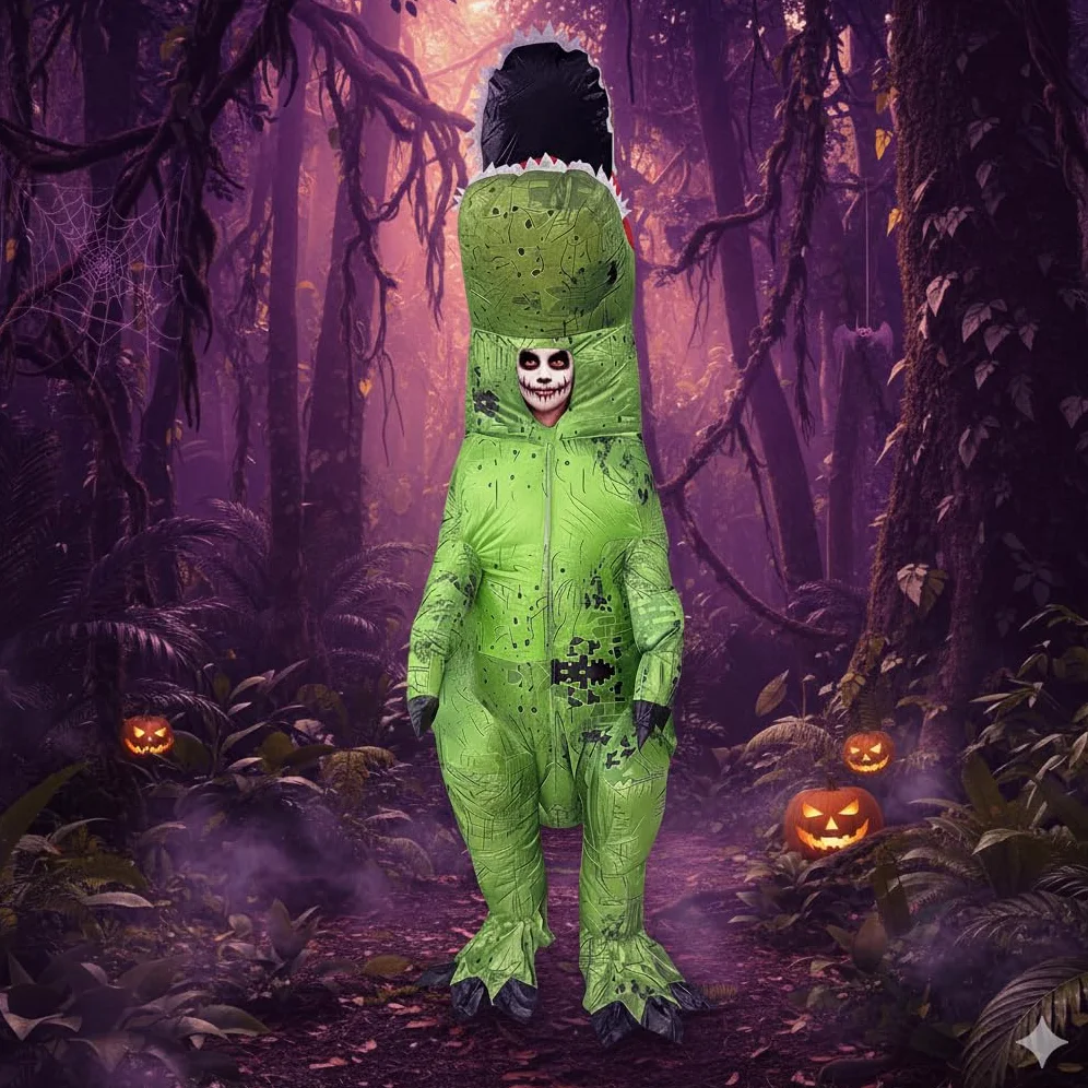 A2Z Disfraz inflable de dinosaurio para adultos con ventilador y caja de batería, divertido disfraz de T-Rex verde para hombres y mujeres, fiestas de Halloween, festivales, cosplay, carnavales, talla