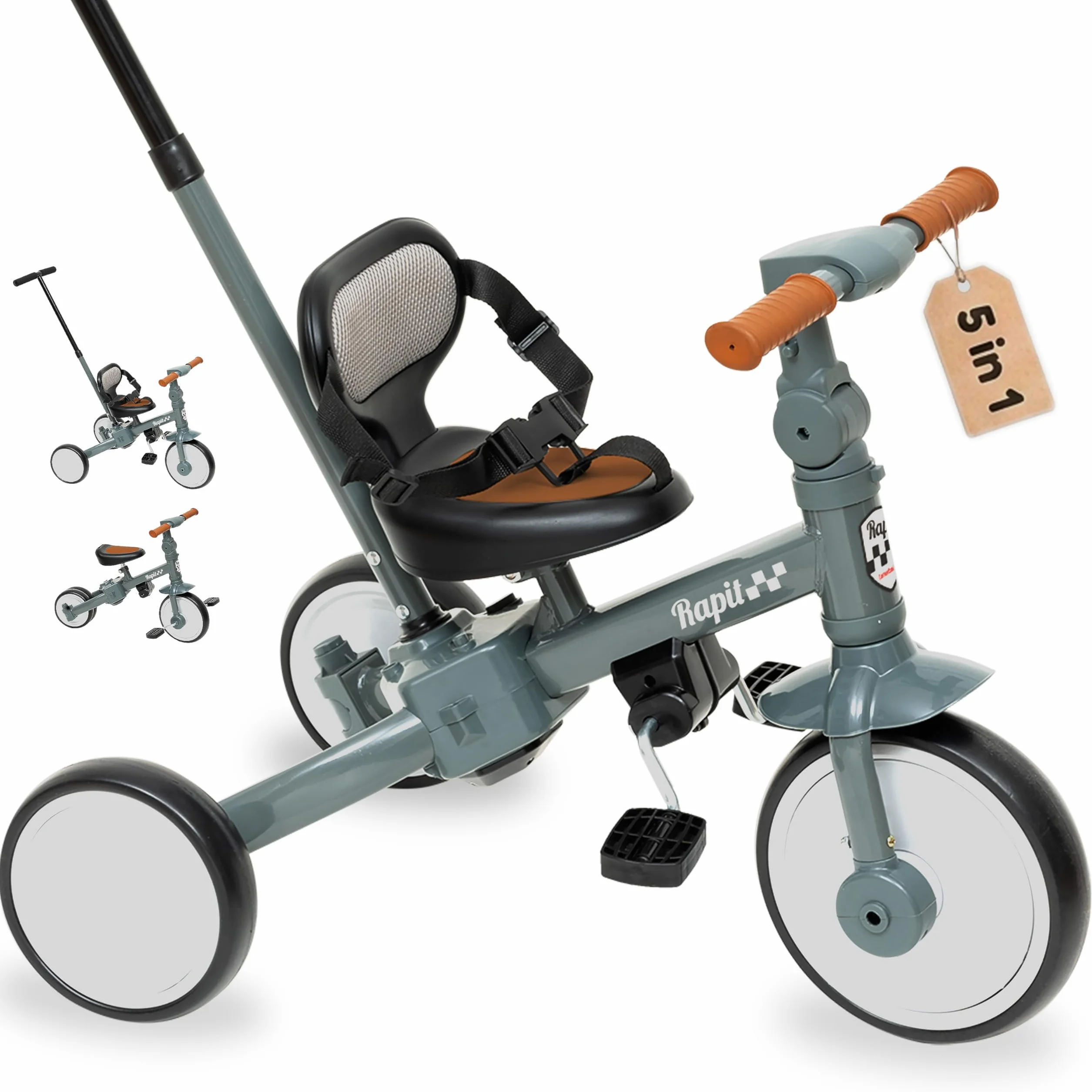 Interbaby Triciclo Evolutivo Bebé 5 en 1 | Triciclo Bebé 1 Año Convertible en Bicicleta sin Pedales | Bici Bebé y Correpasillos 1-5 Años | Ajustable, Transformable y Estable (Gris)