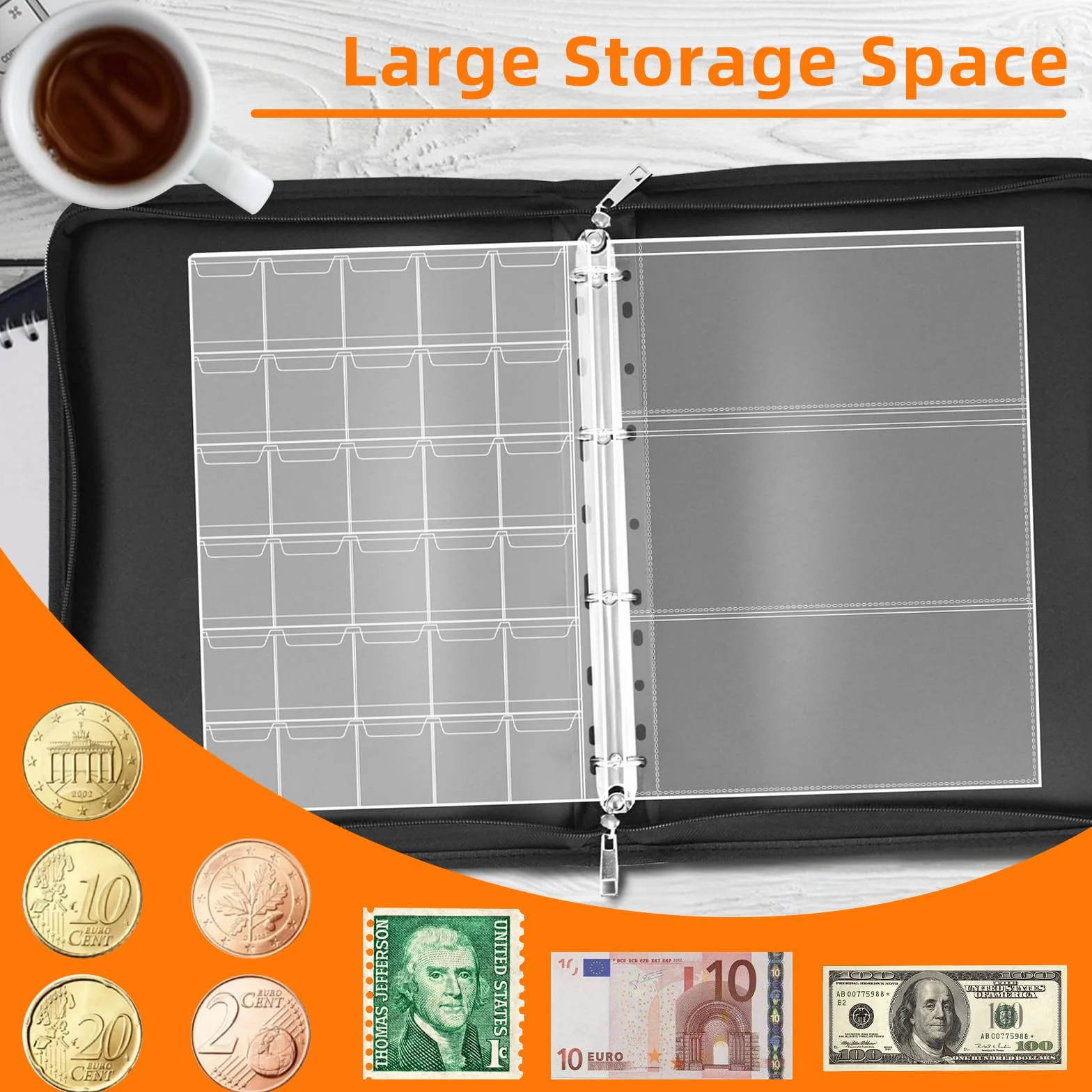 Ignífugo Album Monedas de 2 euros, Monedas Coleccion con 24 Páginas para 300 Monedas y 36 Billetes de Euros, Dólares, Libras Esterlinas y Peniques (Negro)