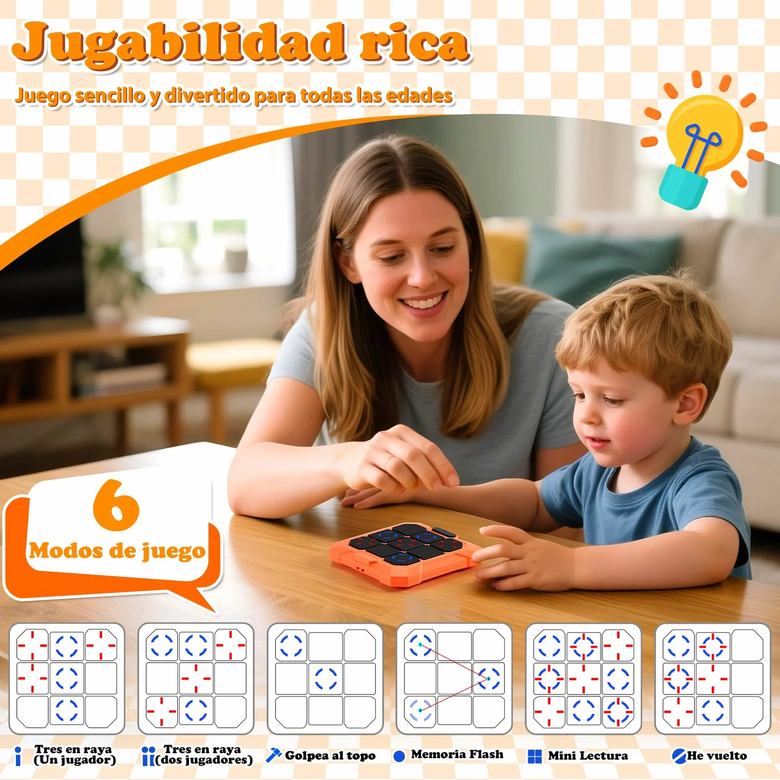 BlueSwan Tres en Raya Electrónico 6 en 1, Tic‑Tac‑Toe Juegos de Viaje, Consola de Bolsillo con Modo Silencioso y Batería Recargable