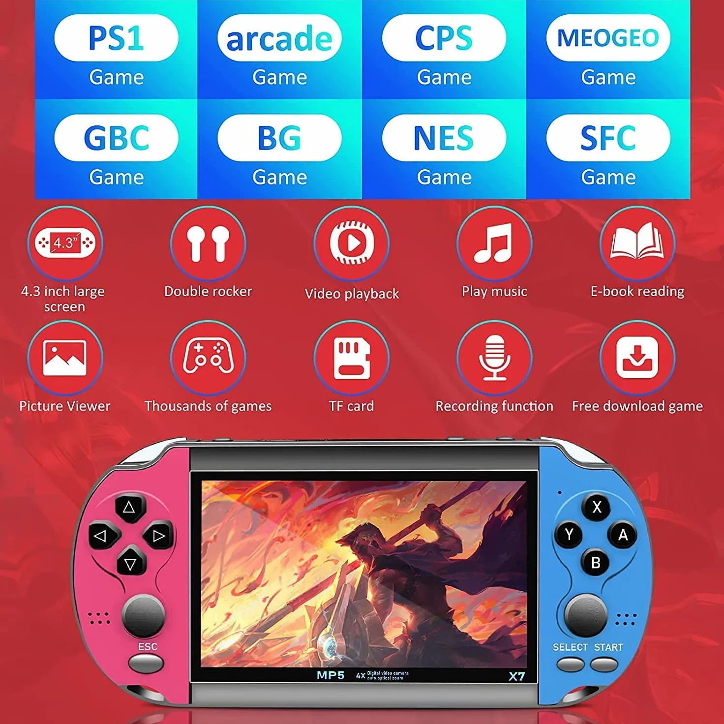 Consola De Juegos Portátil, Consola De Juegos Retro con 10000 Juegos Clásicos 4.3 "Mp5 con Más De 20 Tipos De Juegos Retro Clásicos, Niños