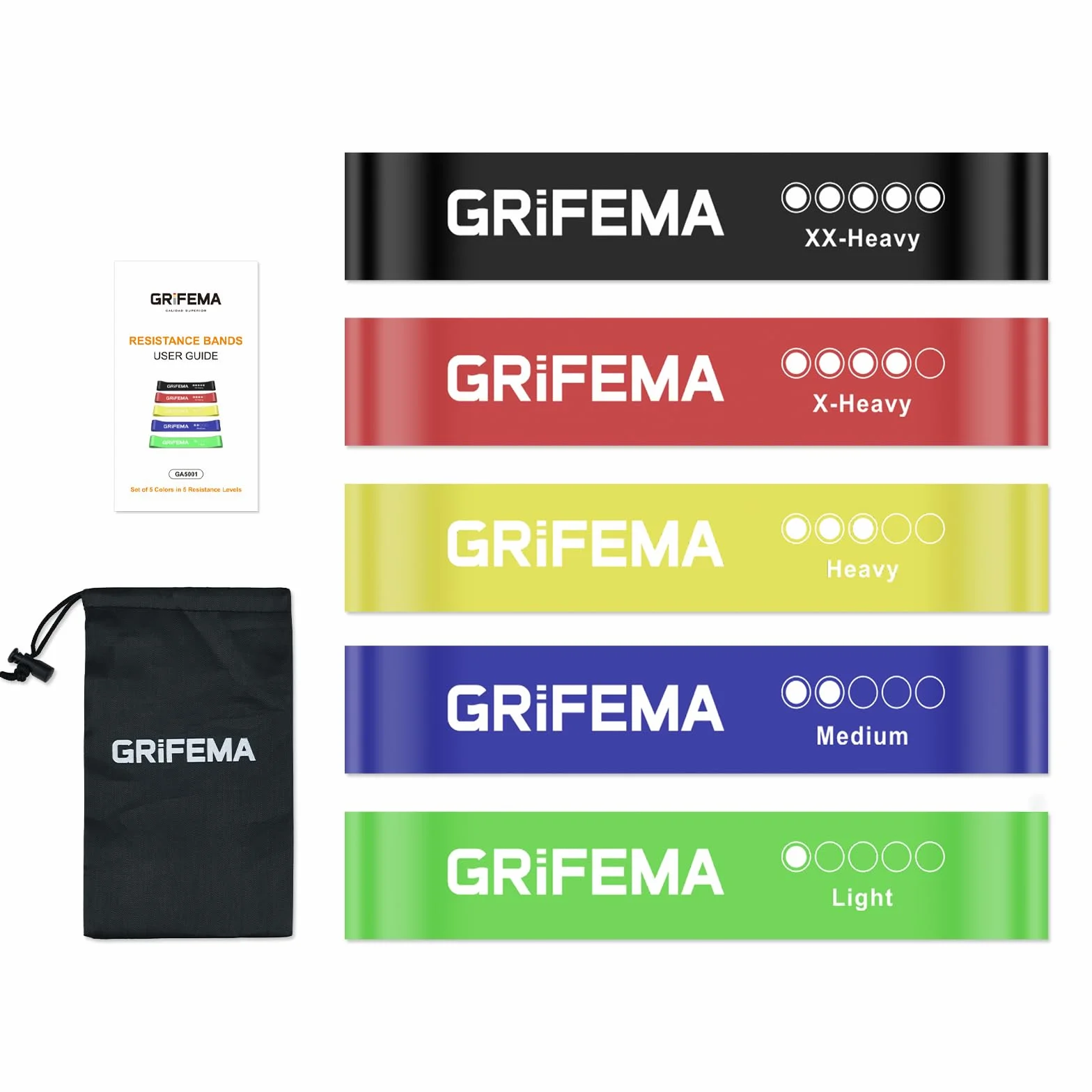 GRIFEMA GA5001 Gomas Elásticas Musculación, 5 Niveles de Resistencia, para Yoga, Entrenamientos de Fuerza y Pilates
