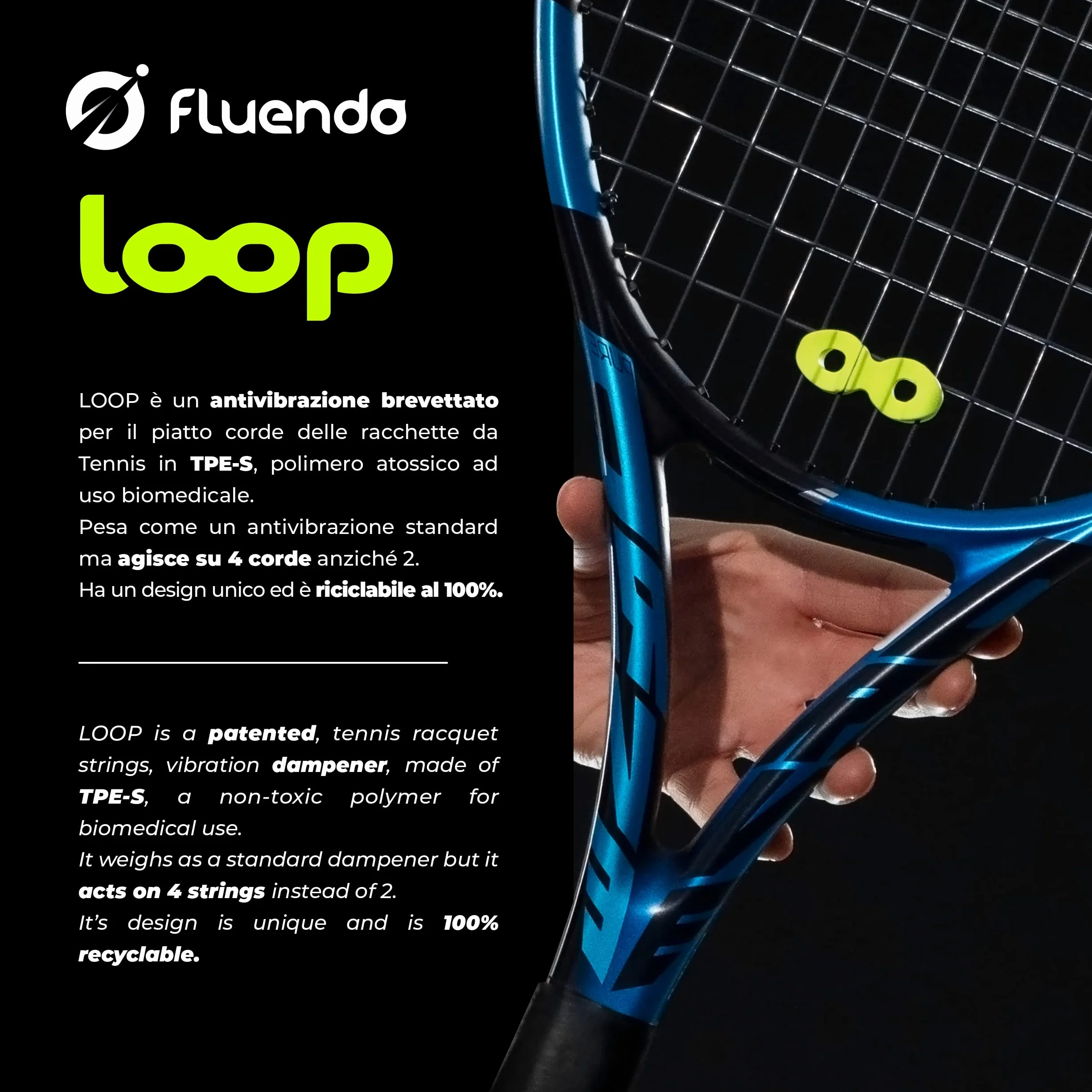 LOOP Dispositivo Antivibración Dampeners Amortiguador para Raquetas de Tenis Sistema Patentado Made in Italy