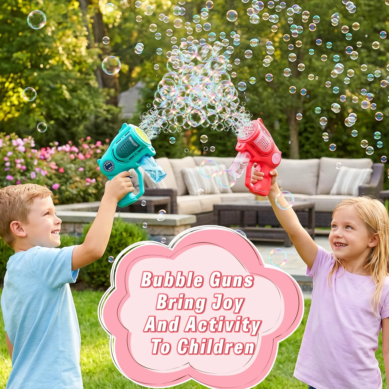 2 Piezas Pistolas de Burbujas para Niños, pompas de jabon niños con 2 x 100ml Solución de Recarga de Burbujas e Lámpara LED, Juguete de Verano para Actividades al Aire Libre, Fiestas y Bodas