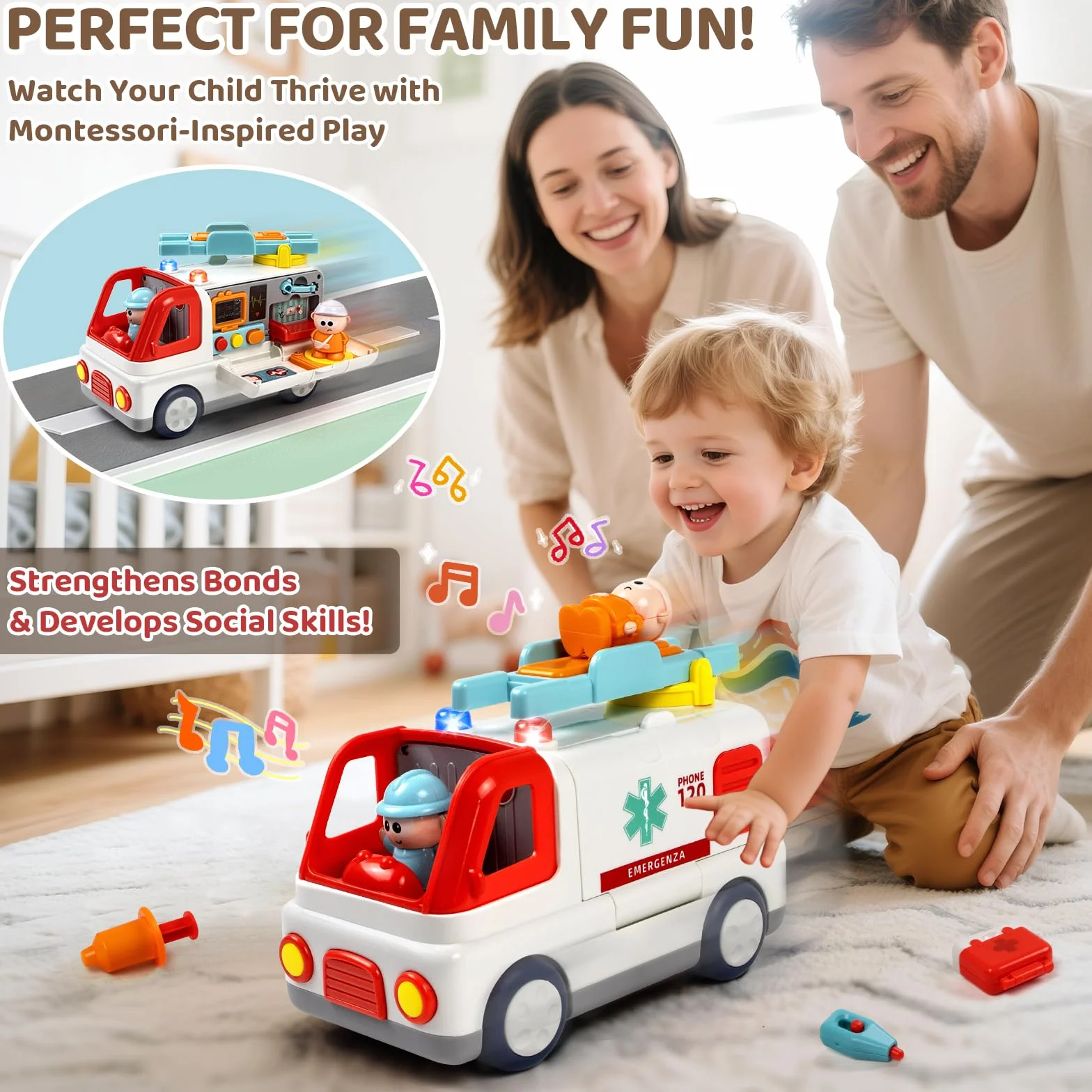 Juguete de ambulancia para niños a partir de 1, 2, 3 y 4 años con sonido ligero, ambulancia Montessori con figuras de accesorios médicos, muchas funciones juguetes educativos vehículos, regalos para