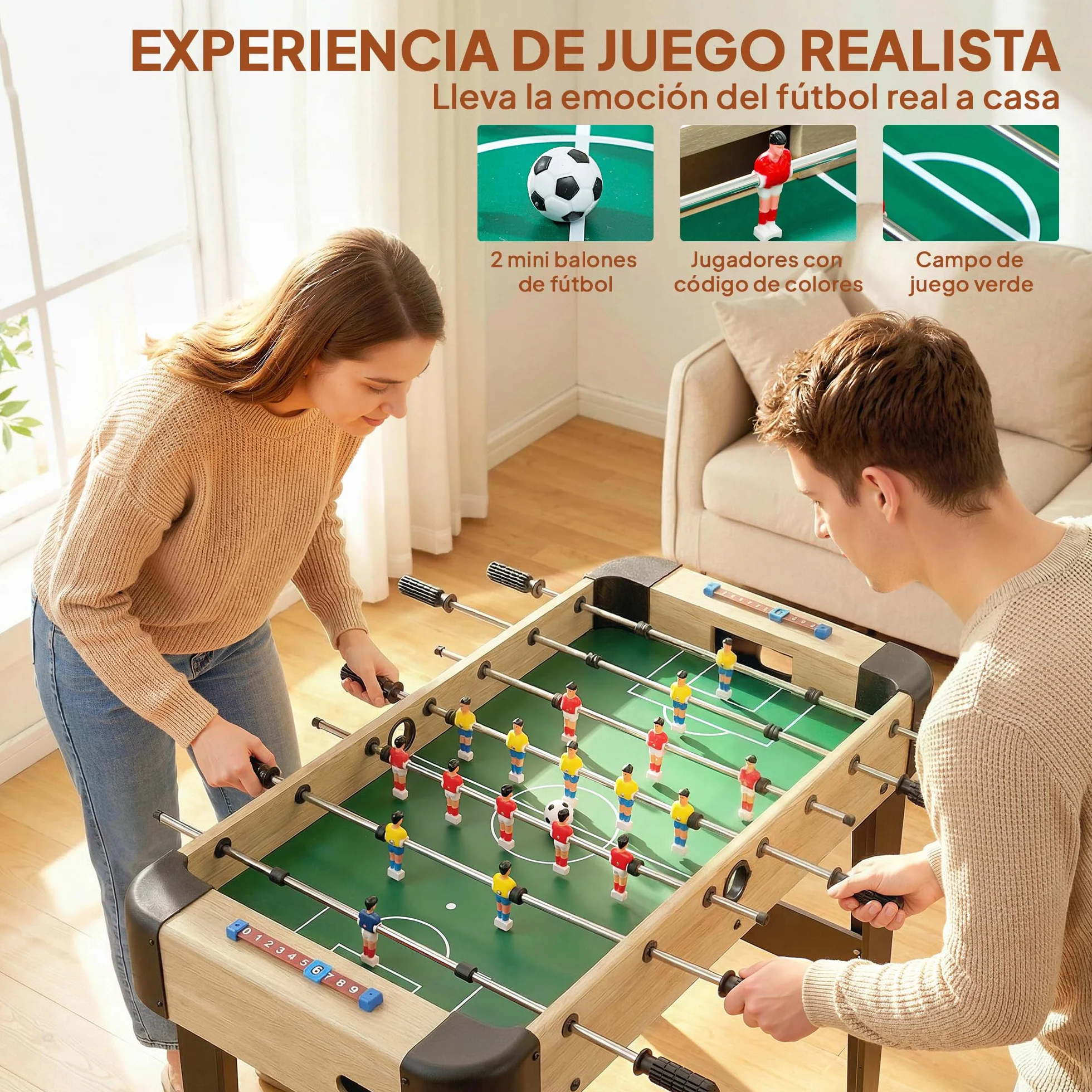SPORTNOW Futbolín para Niños de Madera, Mesa de Futbolín con 2 Marcadores, 8 Asas, 22 Jugadores, 8 Barras y 2 Bolas, Regalo para Adultos, Familias, Fiestas, 92x75x71 cm, Natural