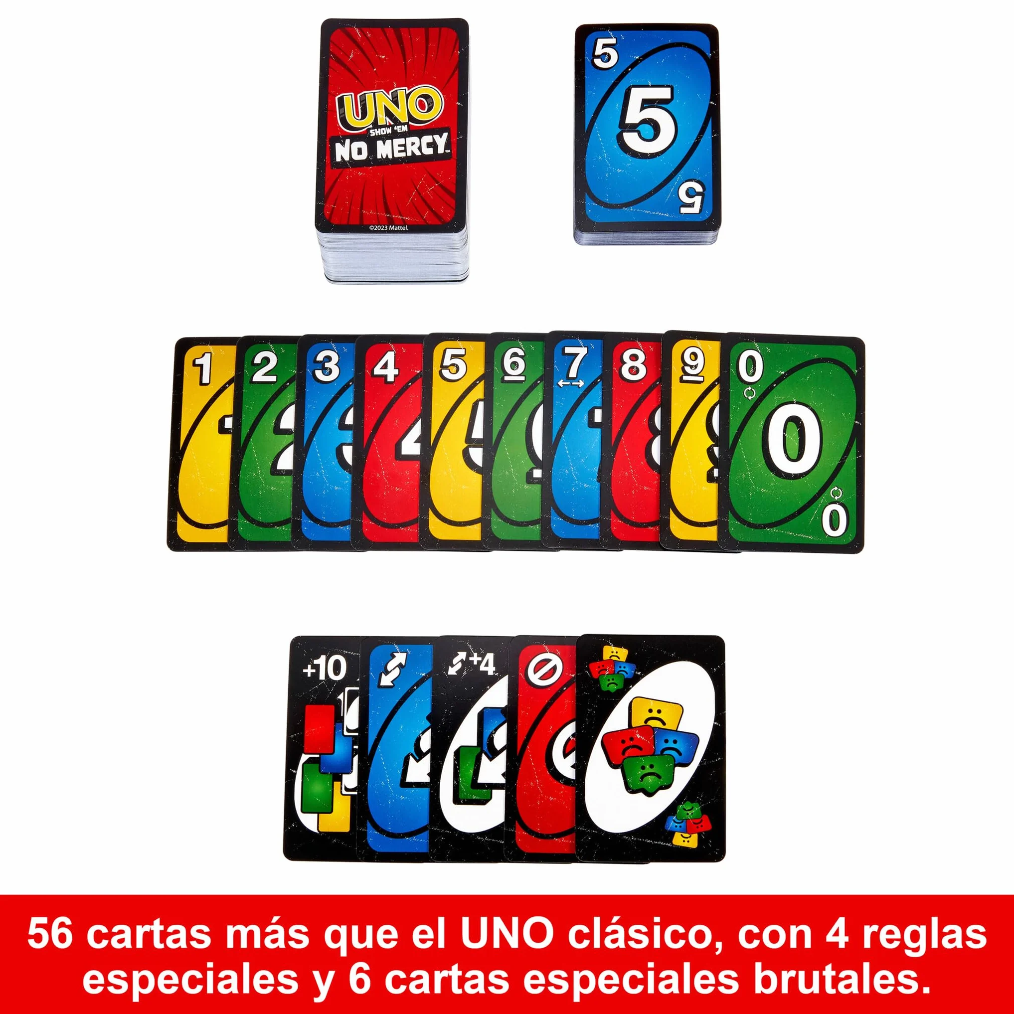 Mattel Games Juego de cartas UNO No Mercy Juego de mesa familiar con cartas nuevas, reglas especiales y penalizaciones más despiadadas, +7 años (HWV18)