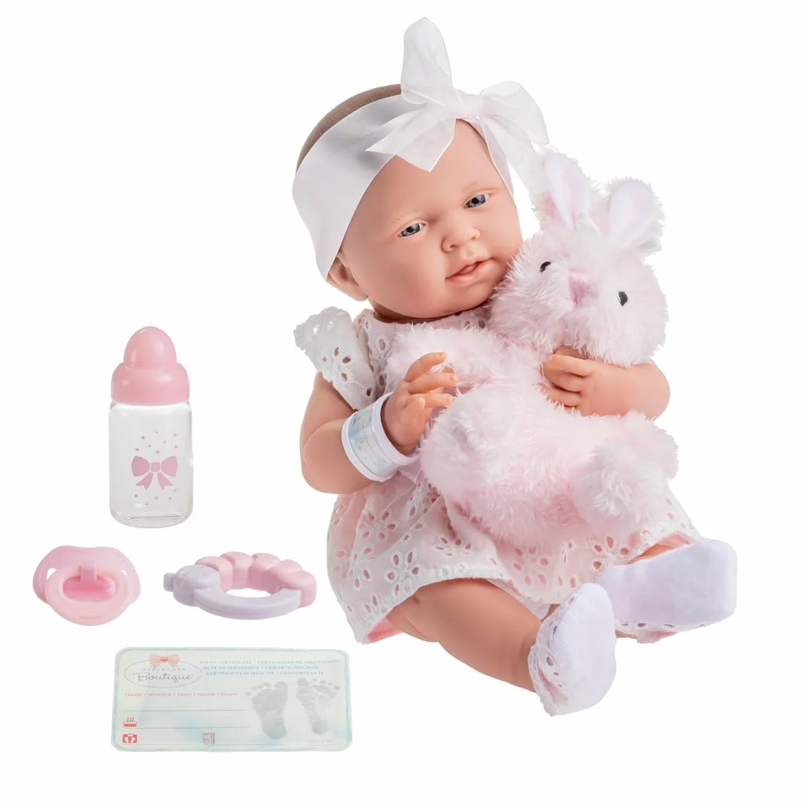 JC TOYS- Muñeca La Newborn recién Nacida de 38 cm es de Vinilo Suave, Ropa de algodón Calado y Accesorios, niña, Rosa, diseñado en España por Berenguer, 2 años