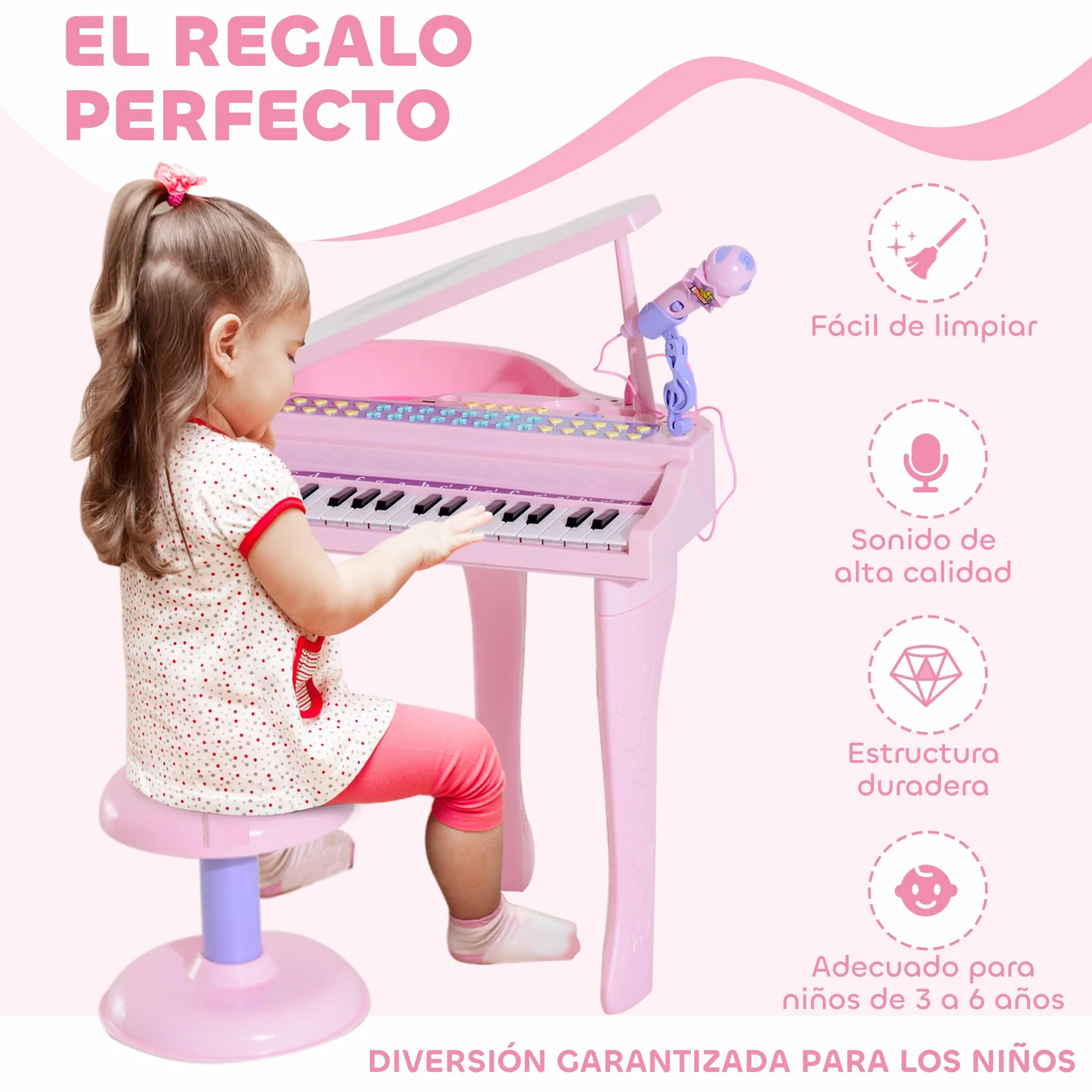 HOMCOM Piano Infantil 37 Teclas Teclado Electrónico Piano para Niños con Micrófono Taburete Luces y 22 Canciones USB/MP3 Karaoke Modo de Enseñanza Rosa