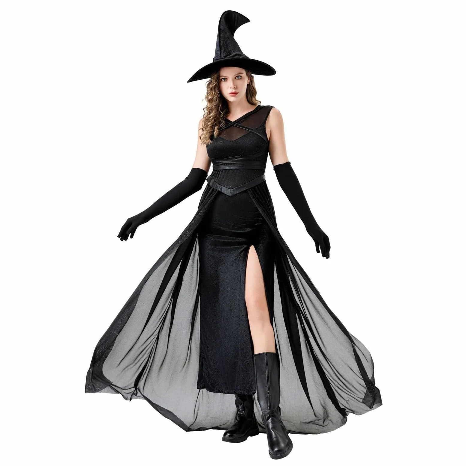 Generisch Disfraz de Halloween para mujer, disfraz de bruja sexy, disfraz de cosplay, capa de bruja, negro, medias de red, carnaval, disfraz de bruja, juego completo, sombrero de bruja, disfraz de