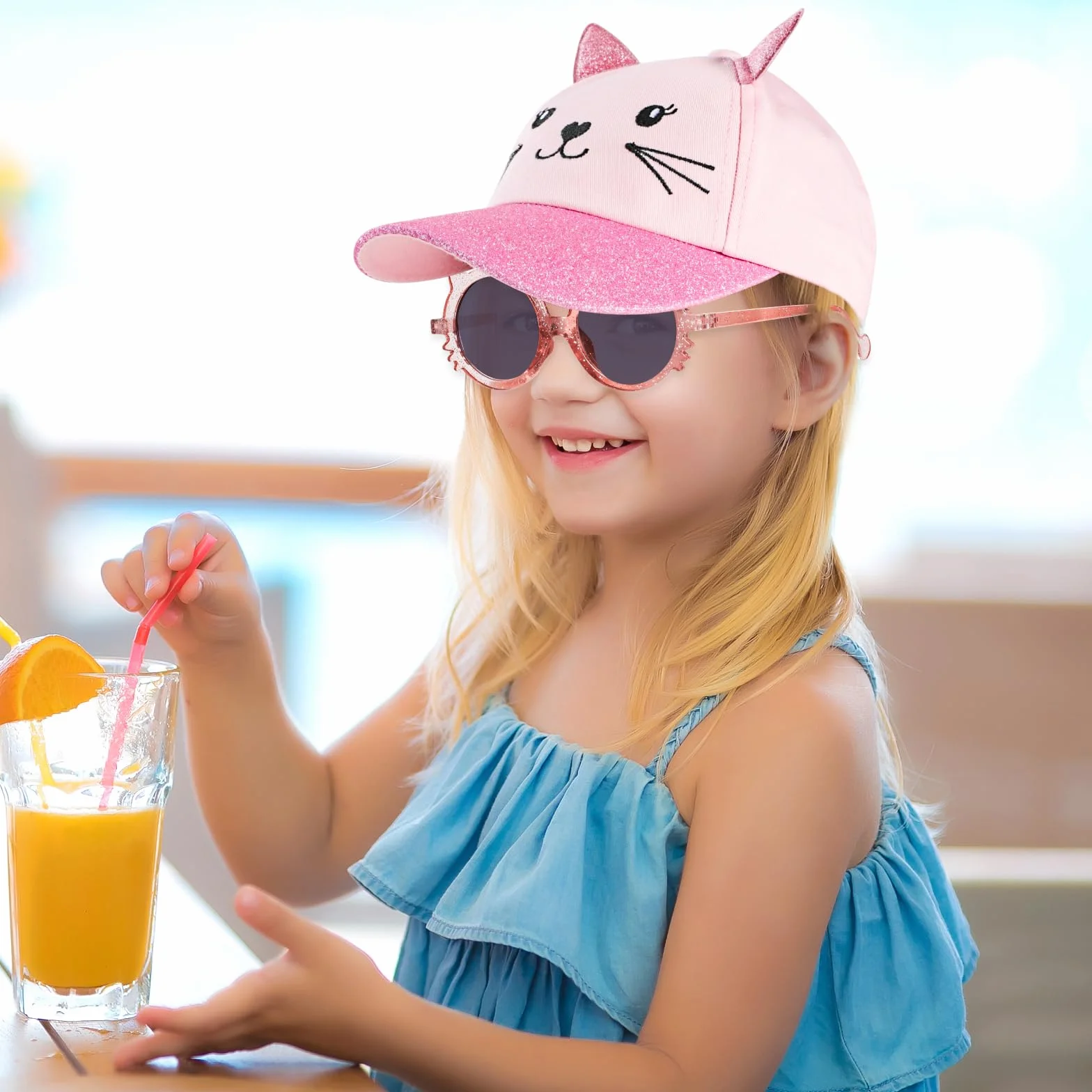 Gorra de Béisbol para Niñas con Orejas de Gato, Gafas de Sol Protección UV Ajustable Sombrero de Lentejuelas Visera