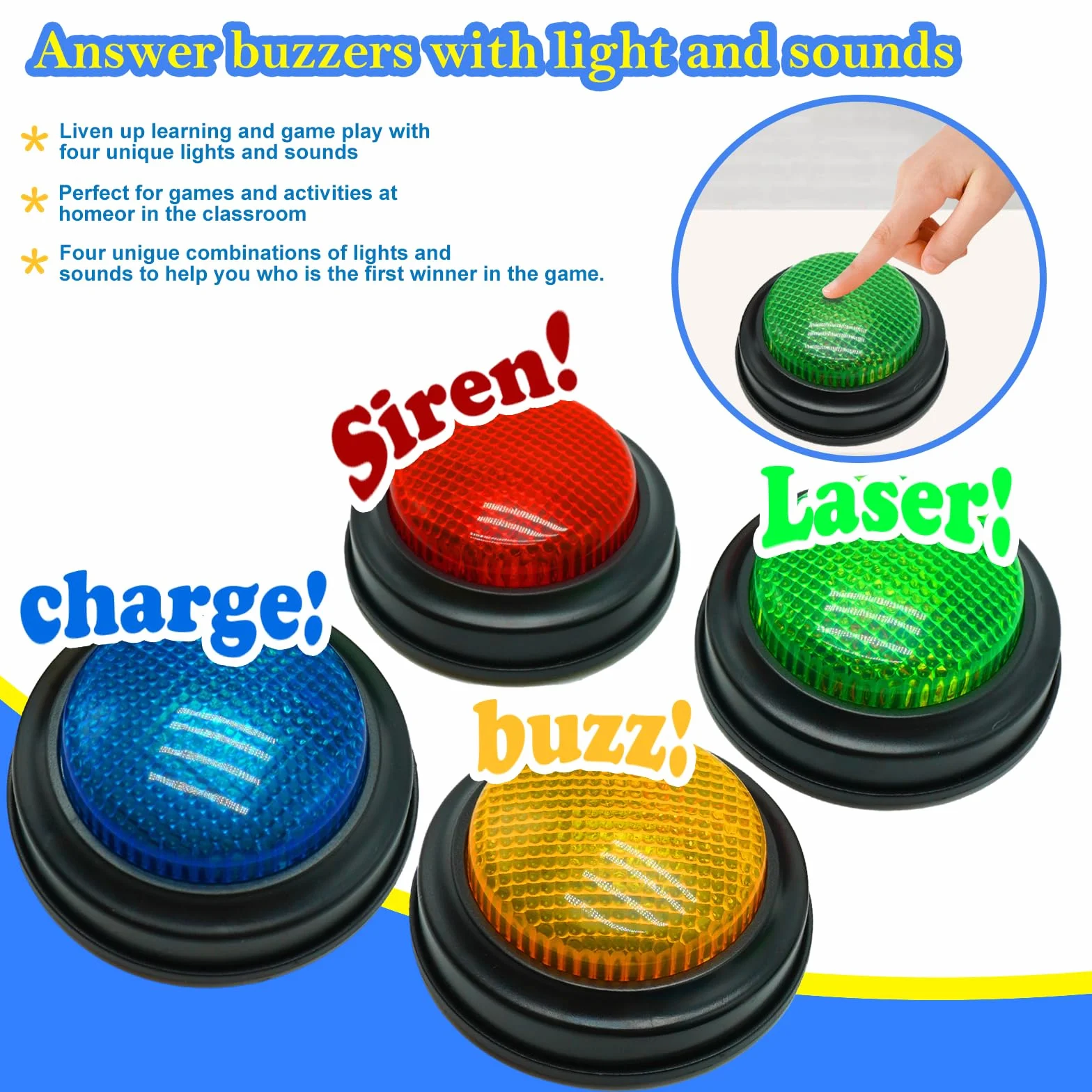 Gelabur Juego de 4 zumbadores para juegos de trivia, zumbadores de respuesta para aula, zumbador de peligro de peleas familiares, zumbadores de juego con luces y sonido para aula, botones de zumbador