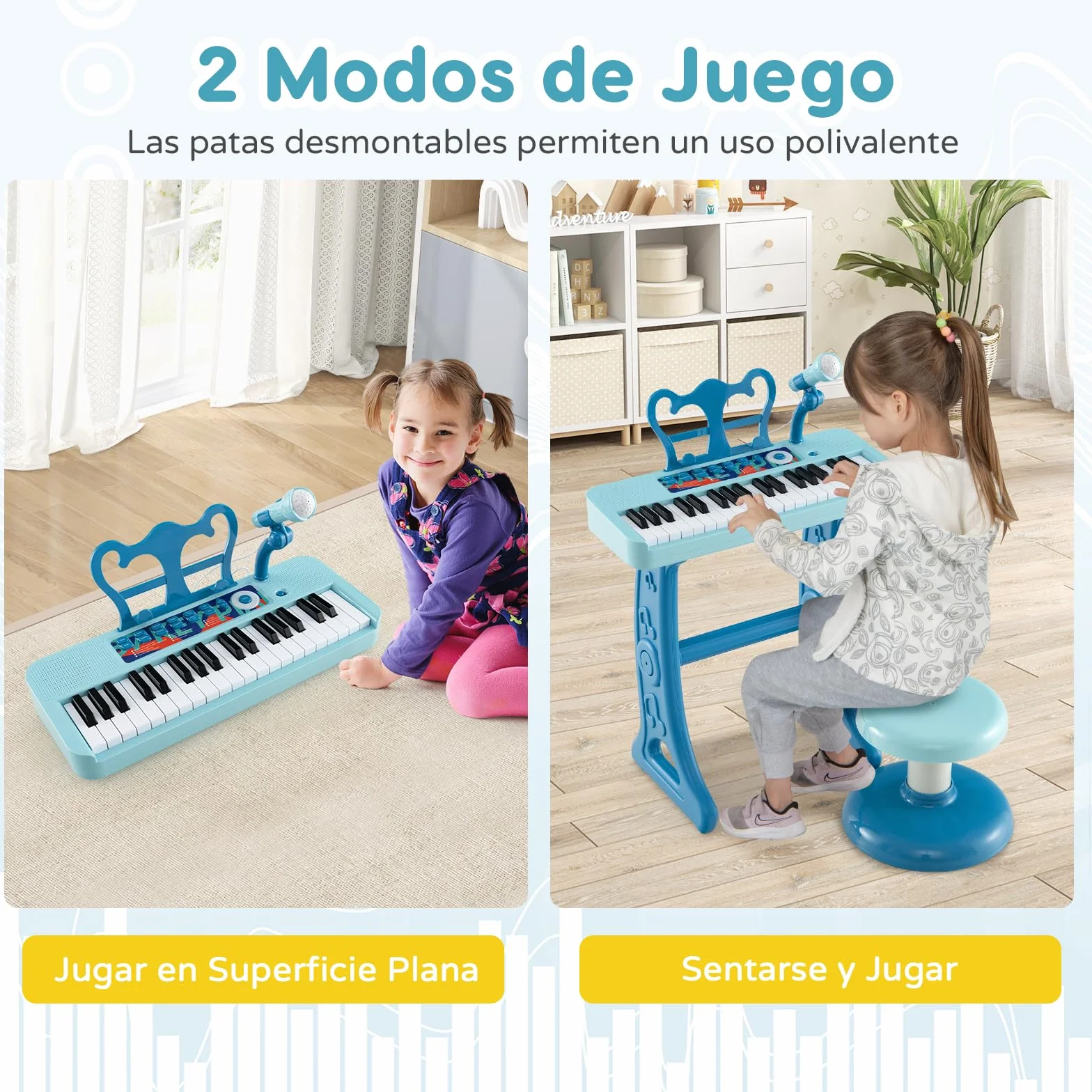 RELAX4LIFE Piano Infantil 37 Teclas con Micrófono, Taburete, Atril, Grabación y Reproducción, Volumen Ajustable, Karaoke Infantil con 22 Canciones, 4 Ritmos, 4 Instrumentos para Niños 3+ Años (Azul)