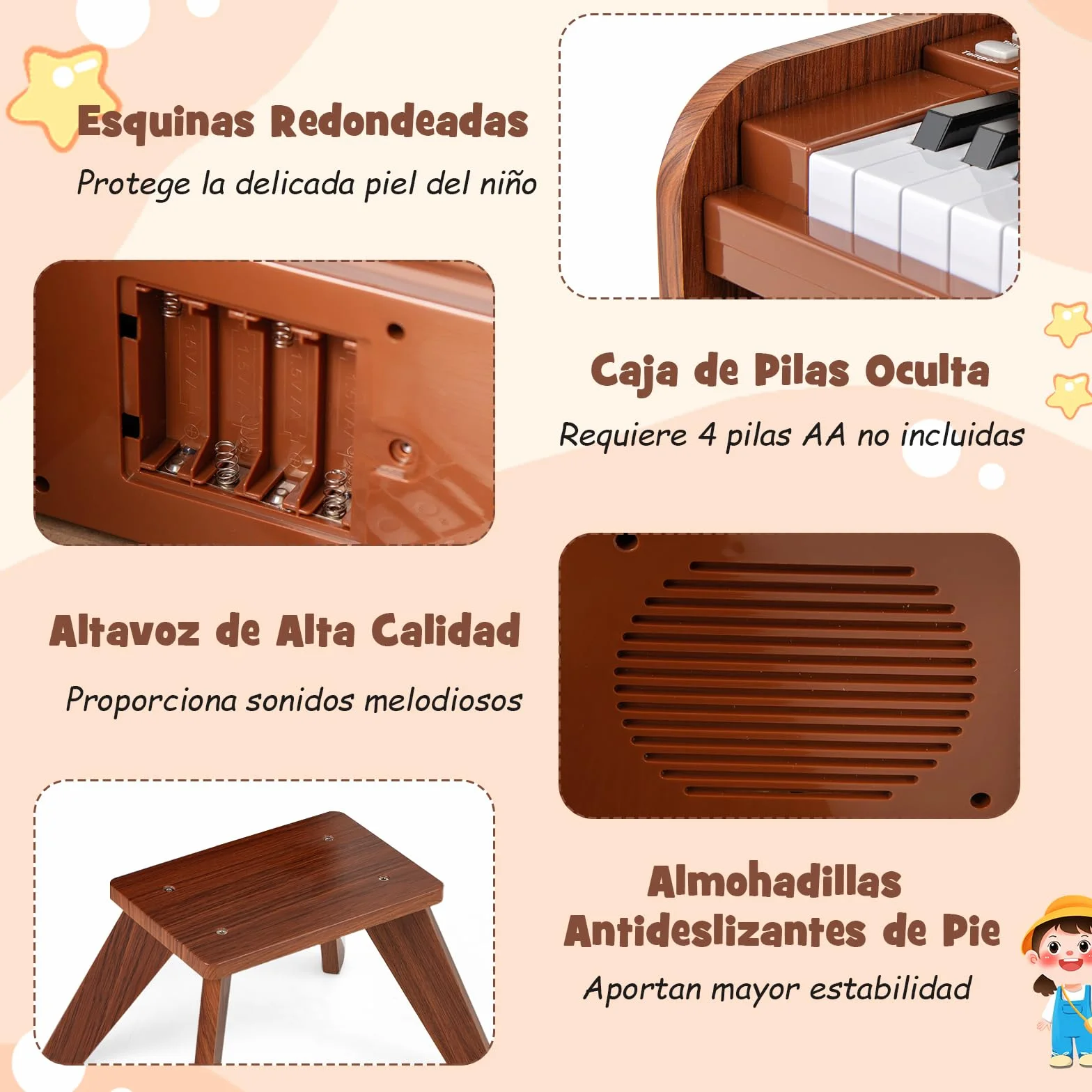 COSTWAY Piano Infantil de 25 Teclas con Taburete y Atril, Órgano Electrónico Niños con Velocidad y Volumen Ajustables, Modo de Enseñanza, Marco Madera, Instrumento Musical para Niños 3+ Años (Marrón)