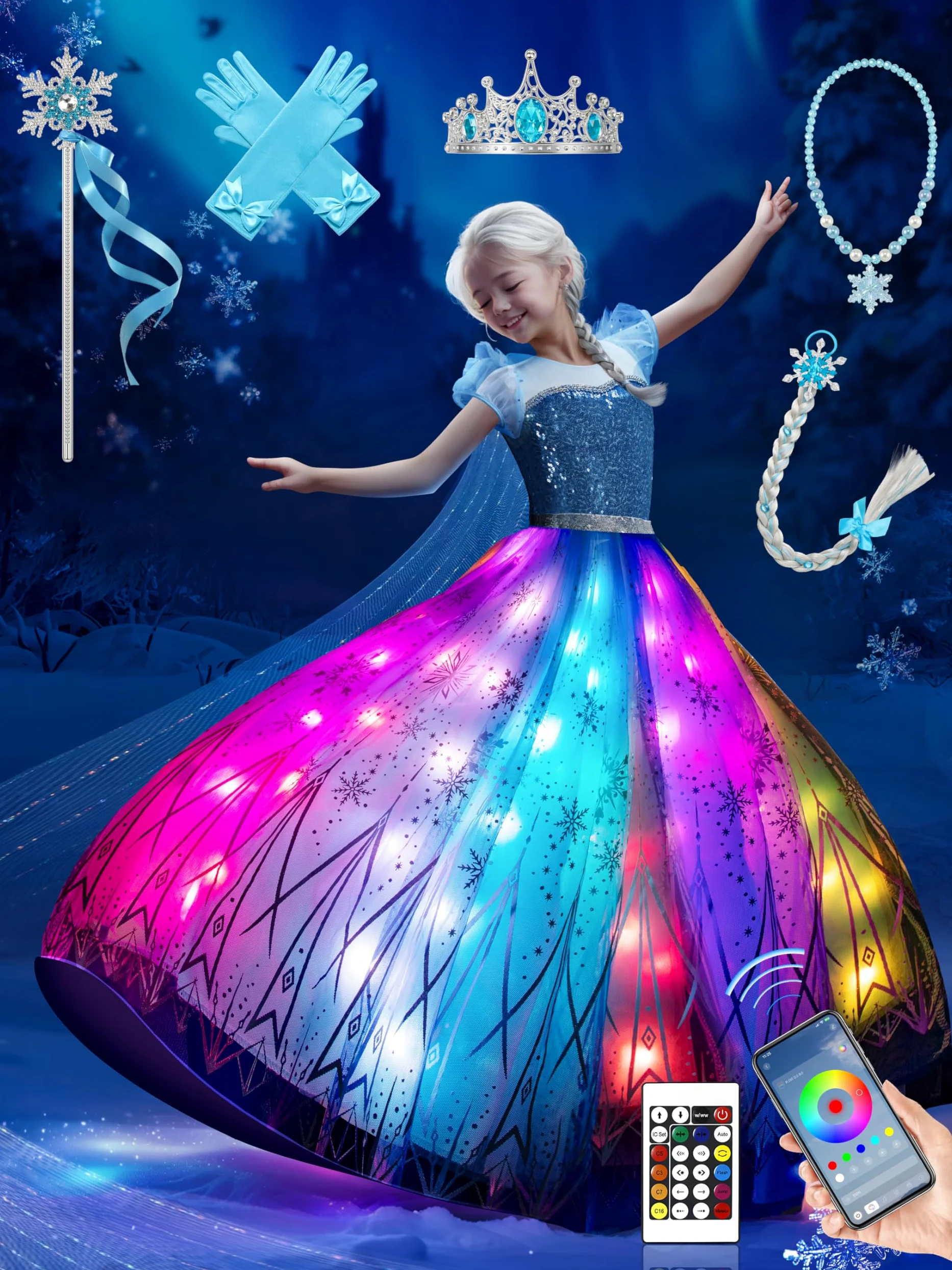 Disfraz de niña, sincronización con Bluetooth, aplicación musical, funcionalidad, vestido de princesa, con peluca, corona, collar, cetro, RGB LED luminoso, vestido de princesa de fiesta para Halloween