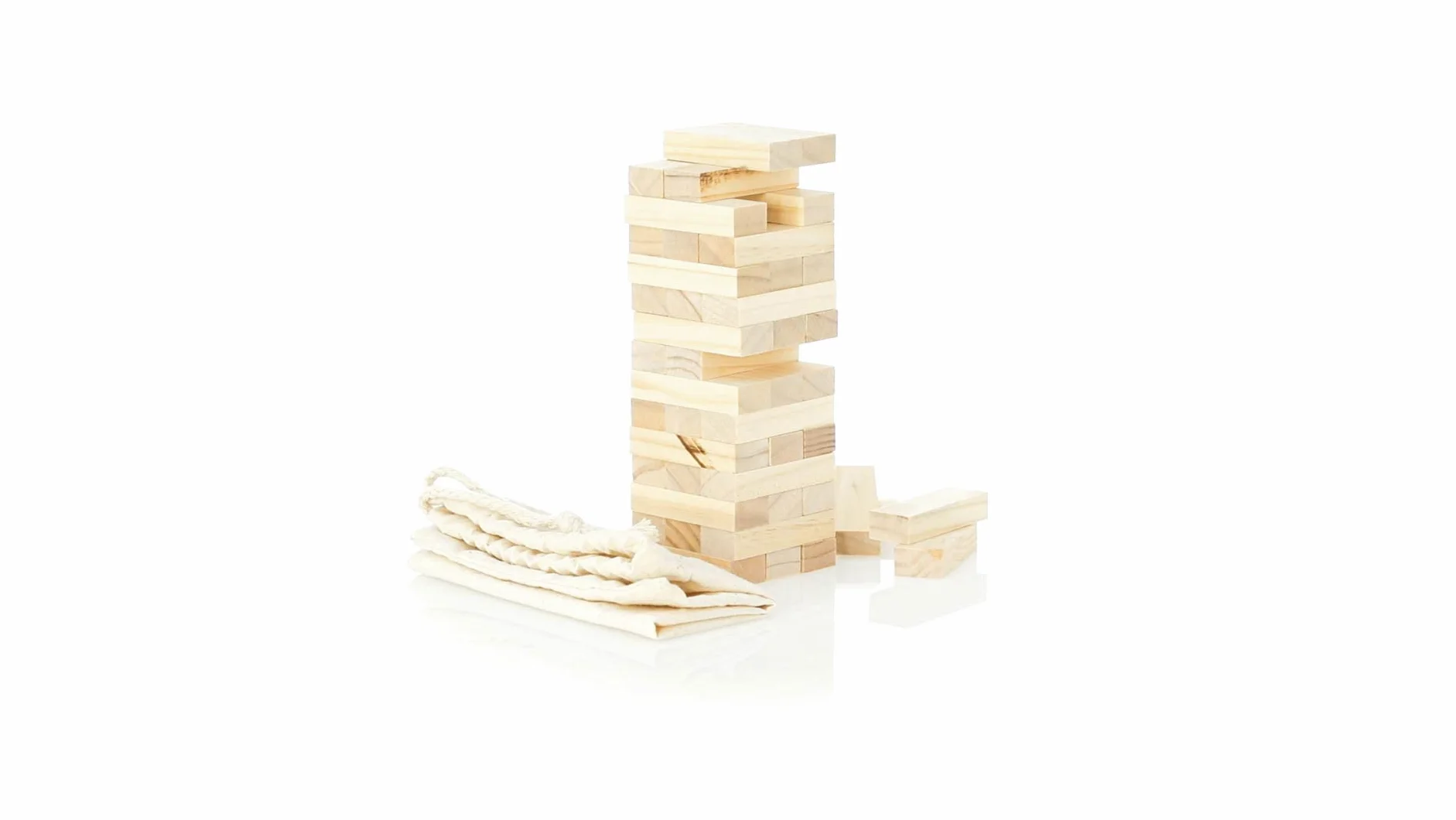 Makito Juego Torre de Madera de Habilidad (tamaño pequeño/Viaje). Incluye 45 Piezas de Madera y Viene presentado en una Resistente Funda de algodón con Cierre de cordón.