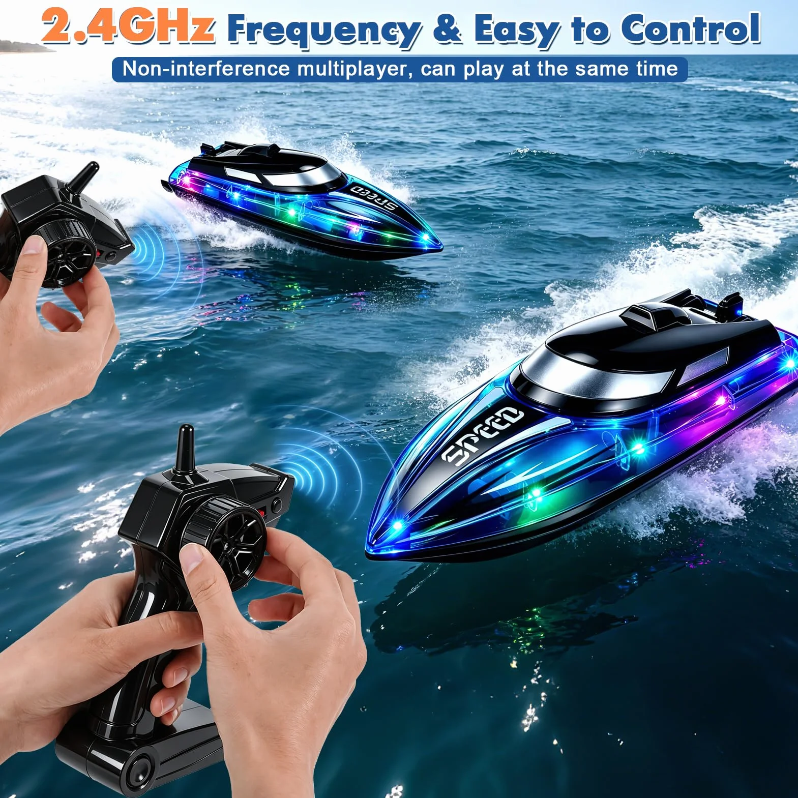 Barco Teledirigido para niños y Adultos, 2.4 GHz Barco de Control Remoto con luz RGB, Barco eléctrico Alta Velocidad 20 km/h Hélices Dobles Autoadrizable lanchas de Carreras para Piscinas Lagos