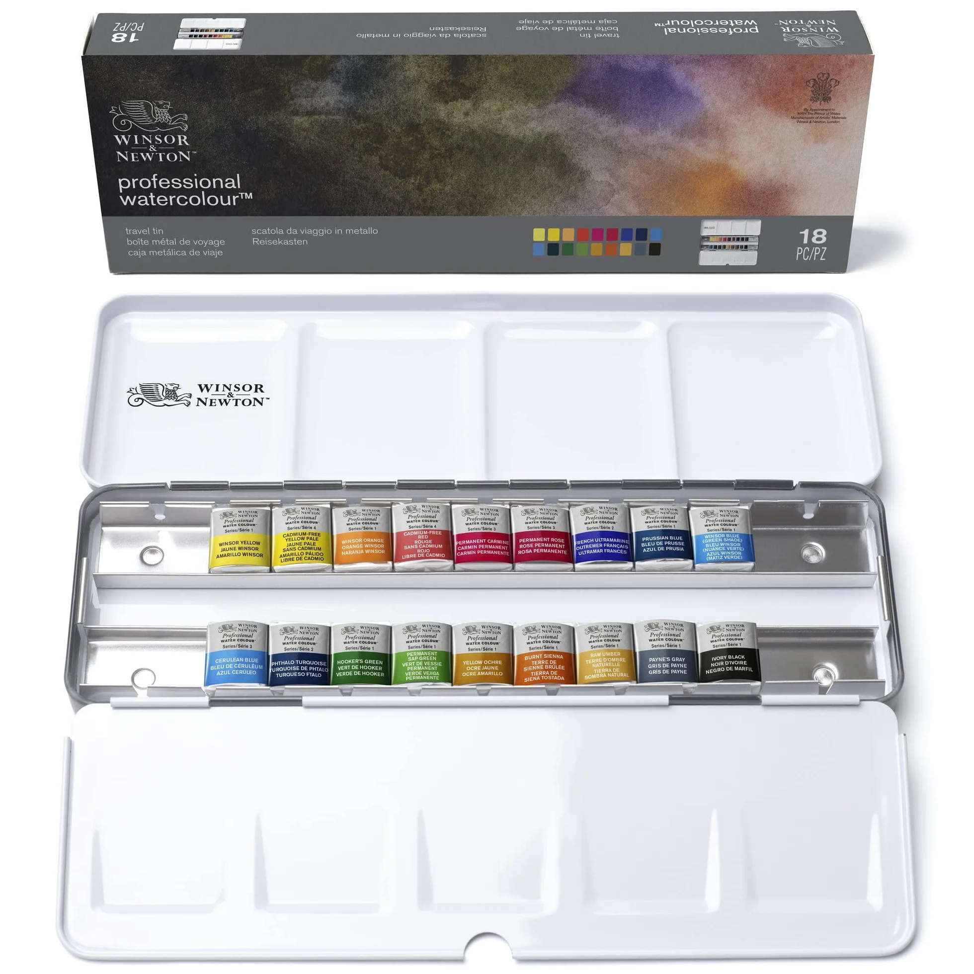 Winsor & Newton Acuarela profesional, Caja de metal 18 medio godets de acuarela profesional, colores surtidos, para acuarelistas y pintura en acuarela