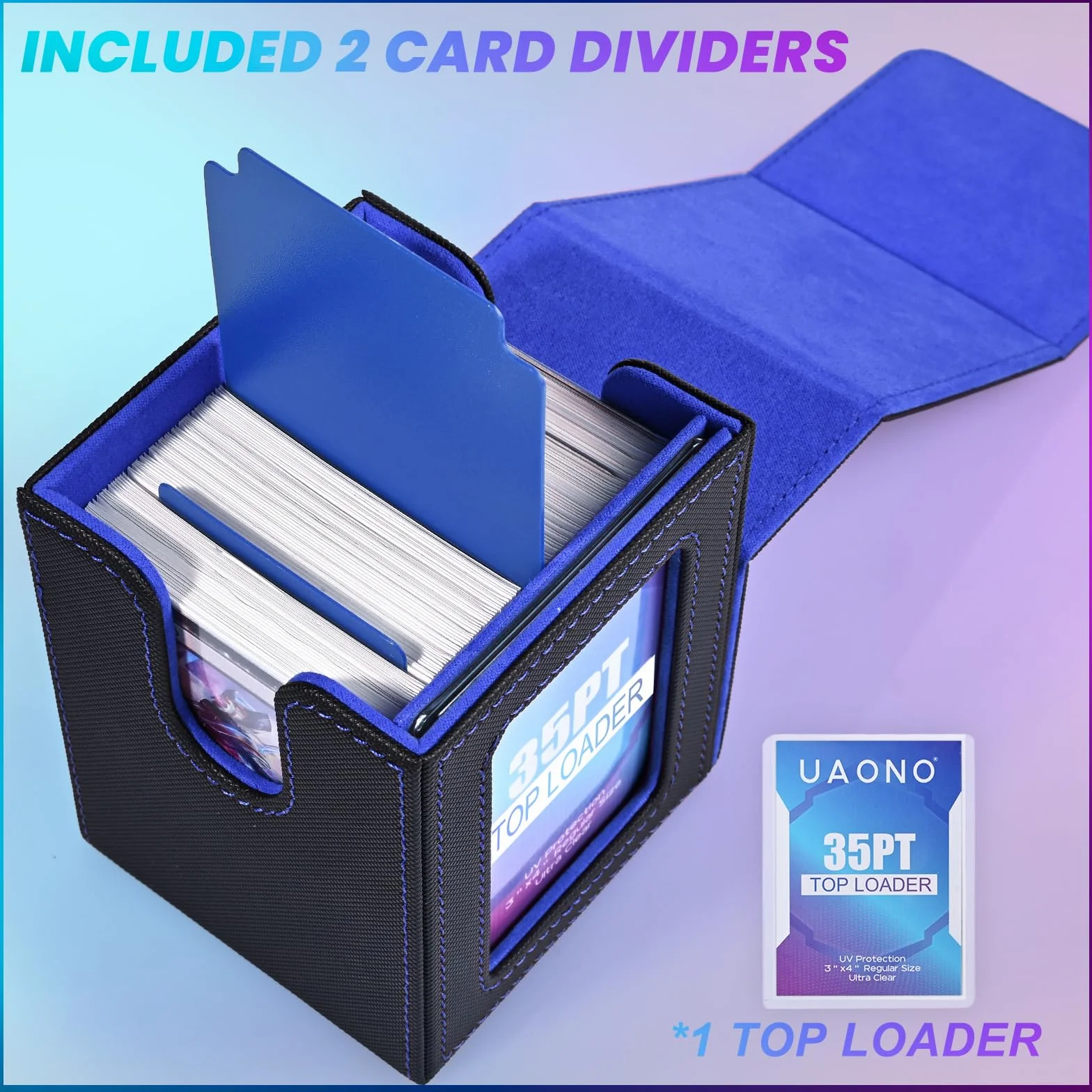 UAONO Caja de cartas con pantalla MTG Commander, funda para más de 100 tarjetas de doble manga, caja de almacenamiento de tarjetas coleccionables para TCG/PTCG/Sports con 2 divisores, 1 cargador