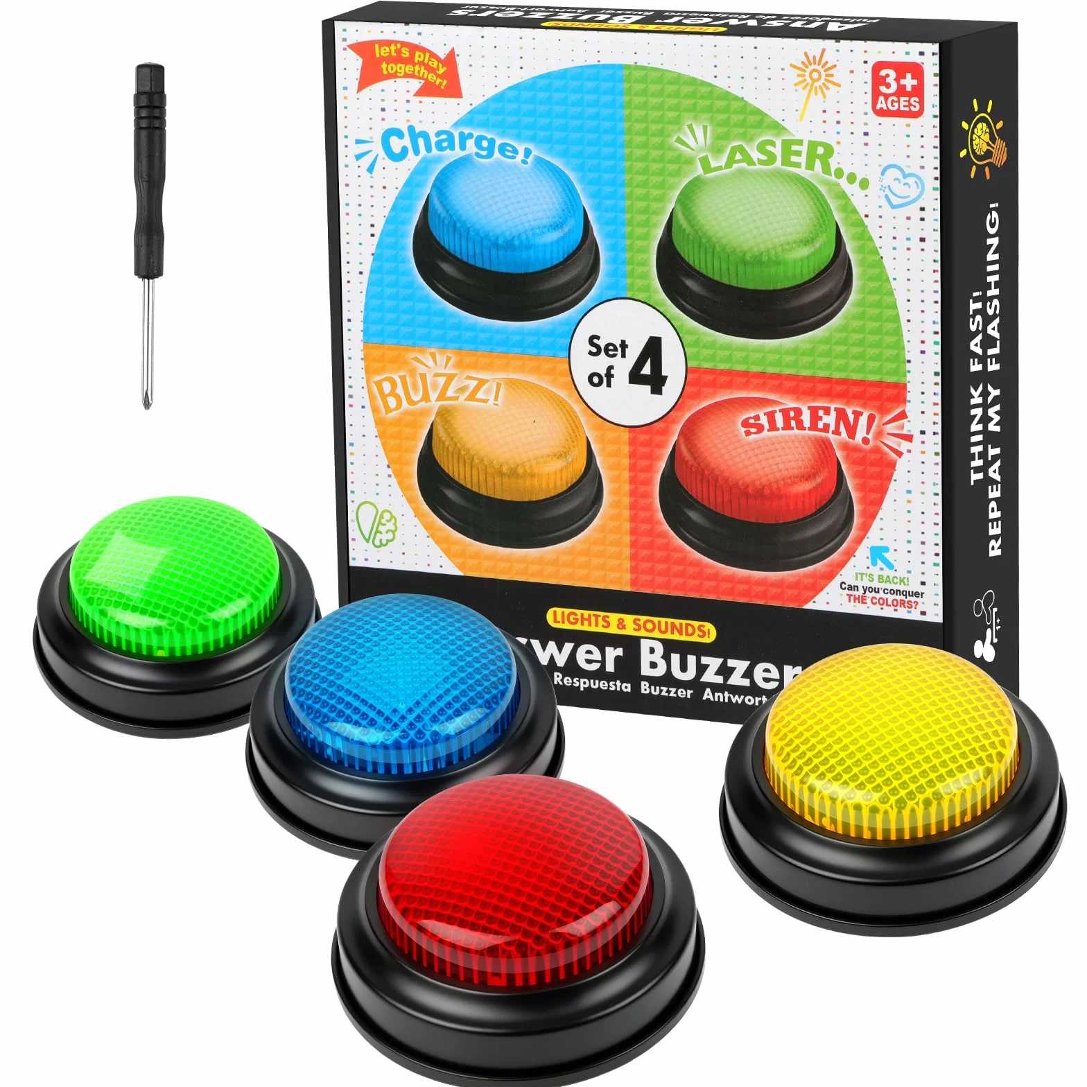 Botones de Respuesta, Accesorio para Quizz Timbre Luminoso y sonoro, Color Surtido, 4 Unidades, Juegos Educativos Regalos