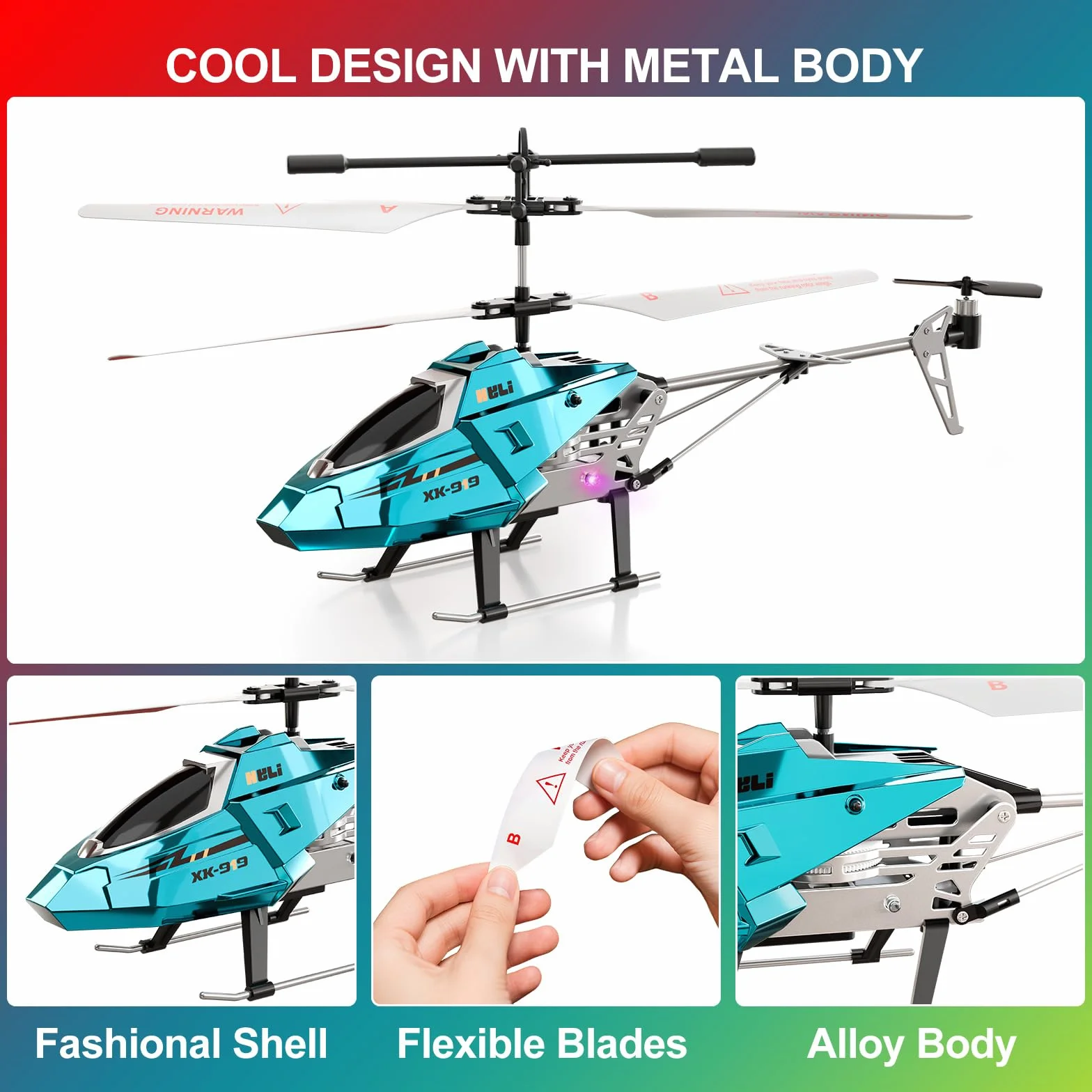 XIKOTEC Helicóptero Teledirigido para Niños, RC Helicóptero con 2 Baterías, Mantenimiento de Altitud, Luz LED y 3 Carcasas Metálicas Intercambiables, Avión Teledirigido 2.4GHz para Principiantes