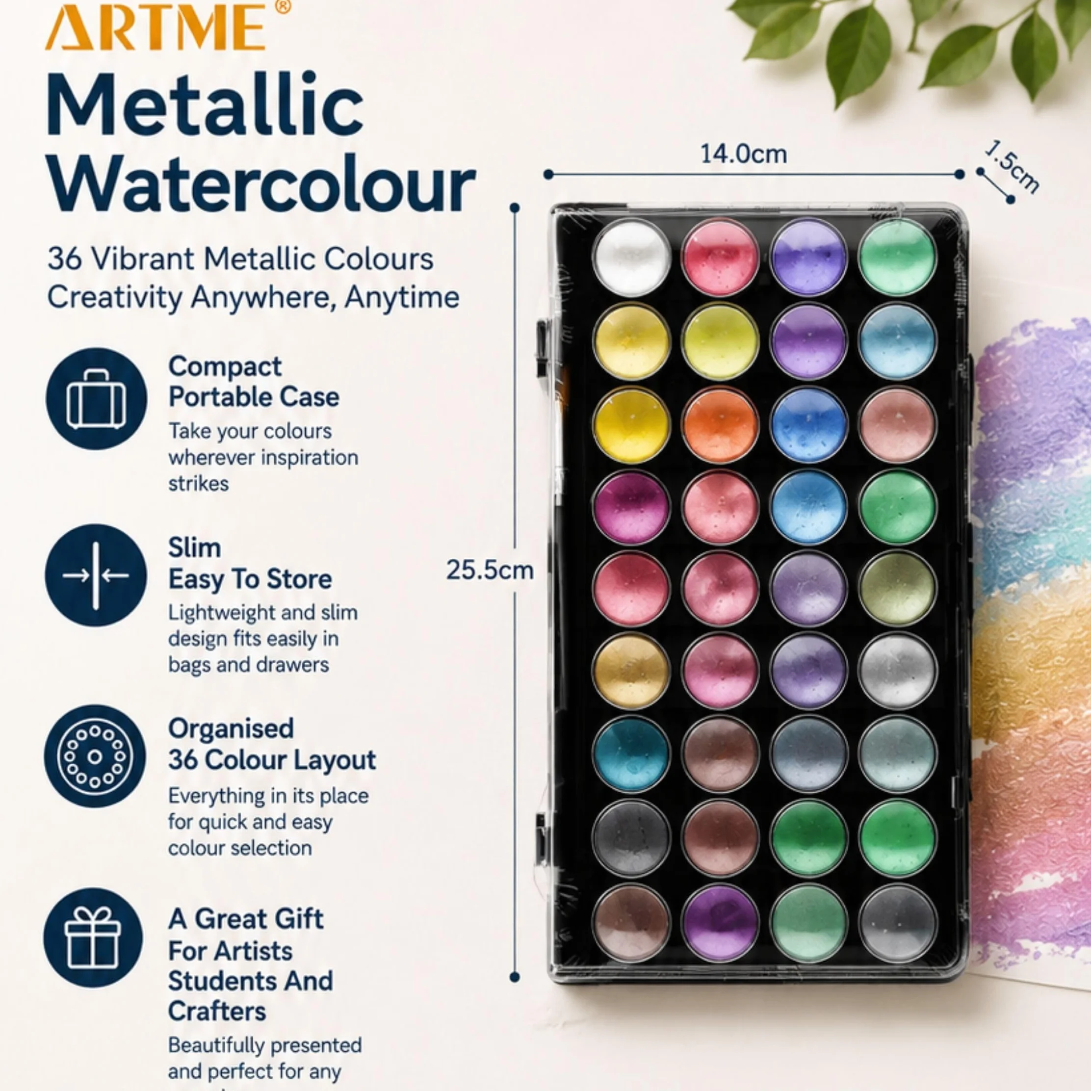Artme Acuarelas/Paletas metálicas para pasteles de pintura de acuarela con un pincel de artista, 36 colores vibrantes
