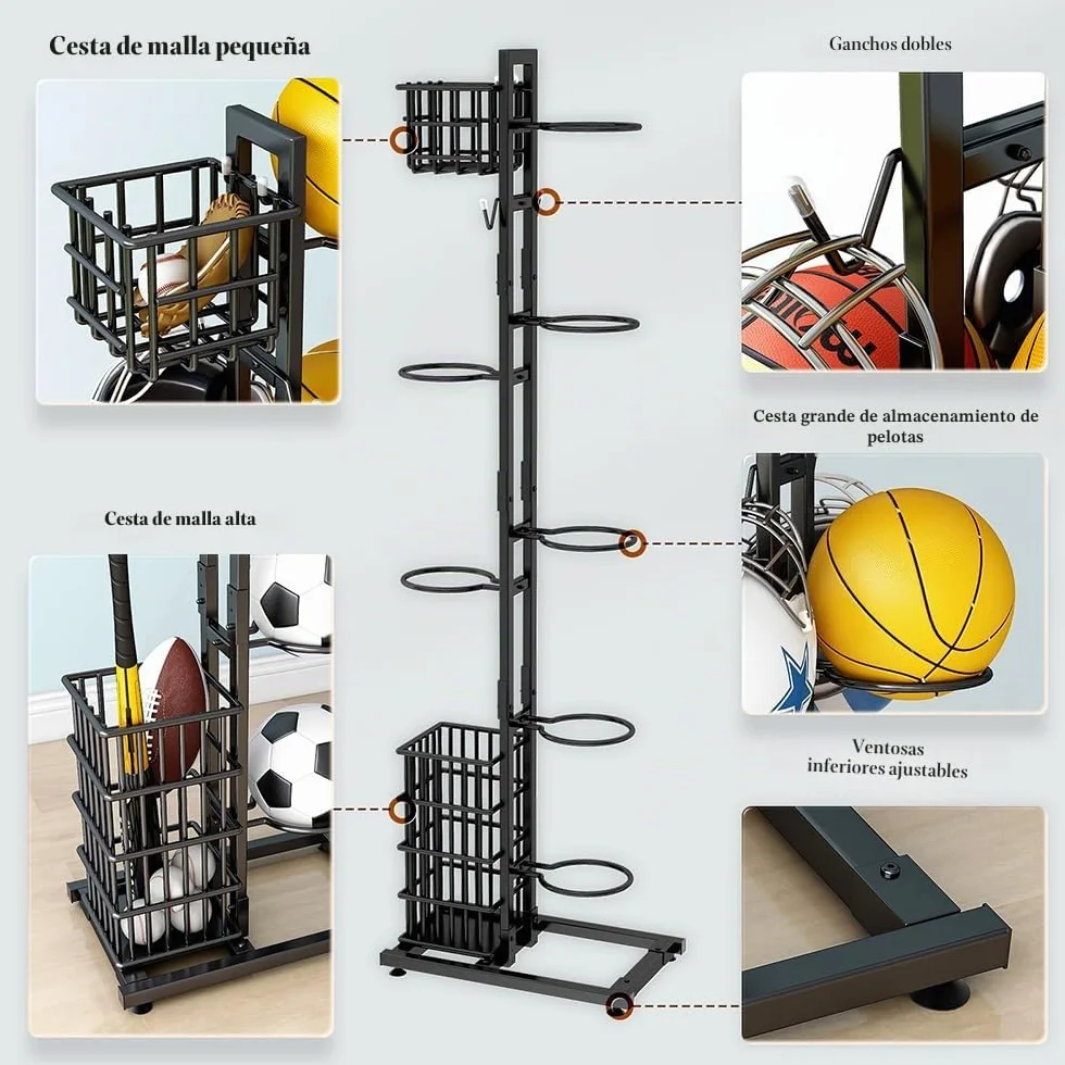 NUODWELL Estante de almacenamiento de pelotas, organizador deportivo con cesta y ganchos, estante de baloncesto de metal, para garaje y hogar