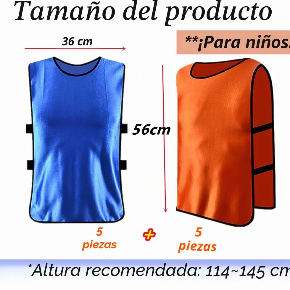 Peto de Fútbol para Niño y Jóvenes 36x56 cm, Chaleco de Entrenamiento, 5 Naranja + 5 Azul