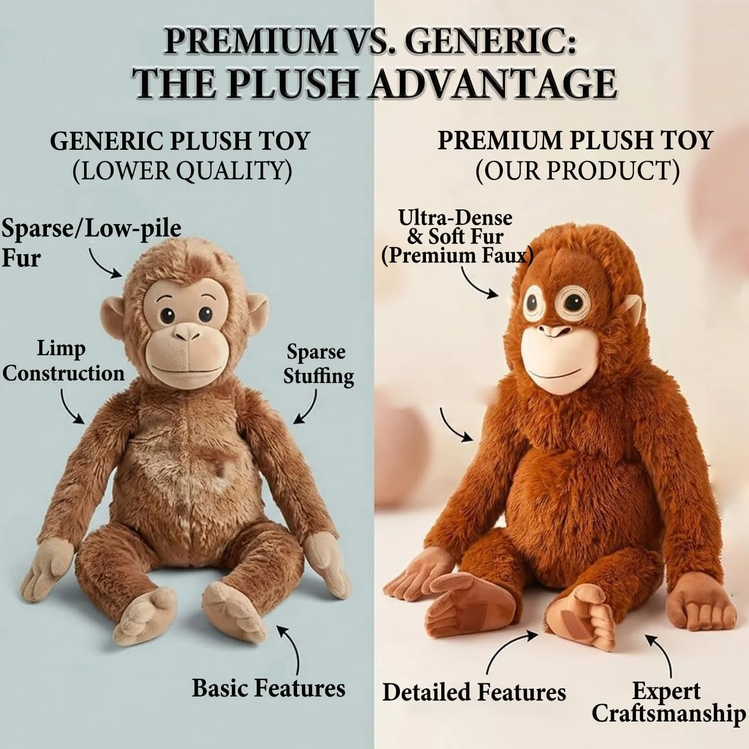 Punch Monkey - Peluche de orangután de 66 cm, ultrasuave, Respetuoso con el Medio Ambiente, Lavable, Relleno de algodón PP, Seguro para niños, Realista