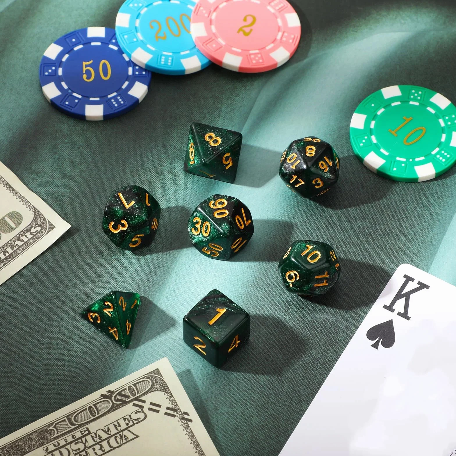 Set de 7 Dados Poliédricos DND con Bolsa Negra para Calabozos y Dragones de Juegos de rol RPG (Nebulosa Verde Negra)