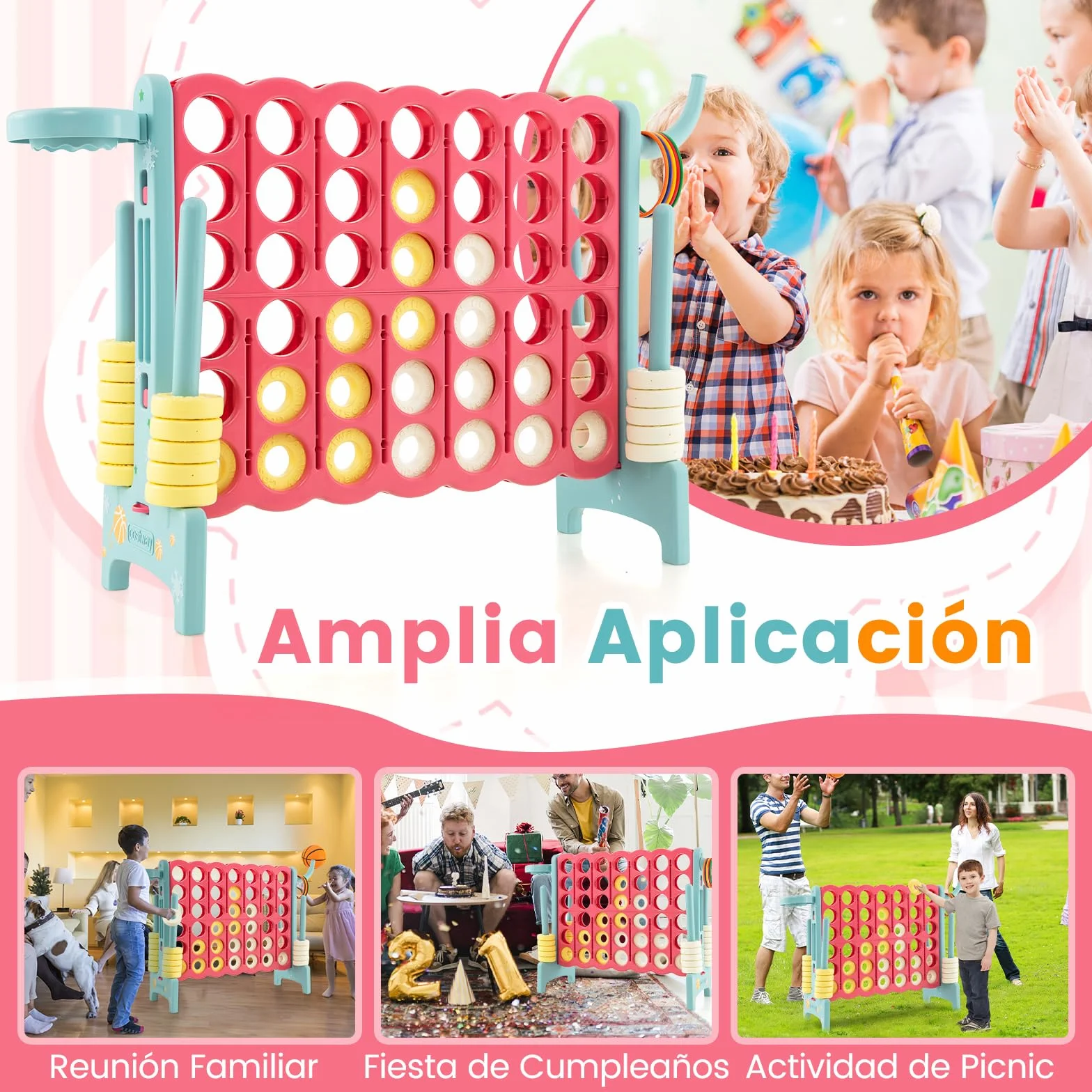 COSTWAY Conecta 4 Gigante, Mega 4 para Niños y Adultos, Juego de Exterior 74 cm con Canasta y Juego de Lanzamiento de Anillos, 42 Piezas Gigantes con Pegitinas y Boloncesto (Rojo y Azul)
