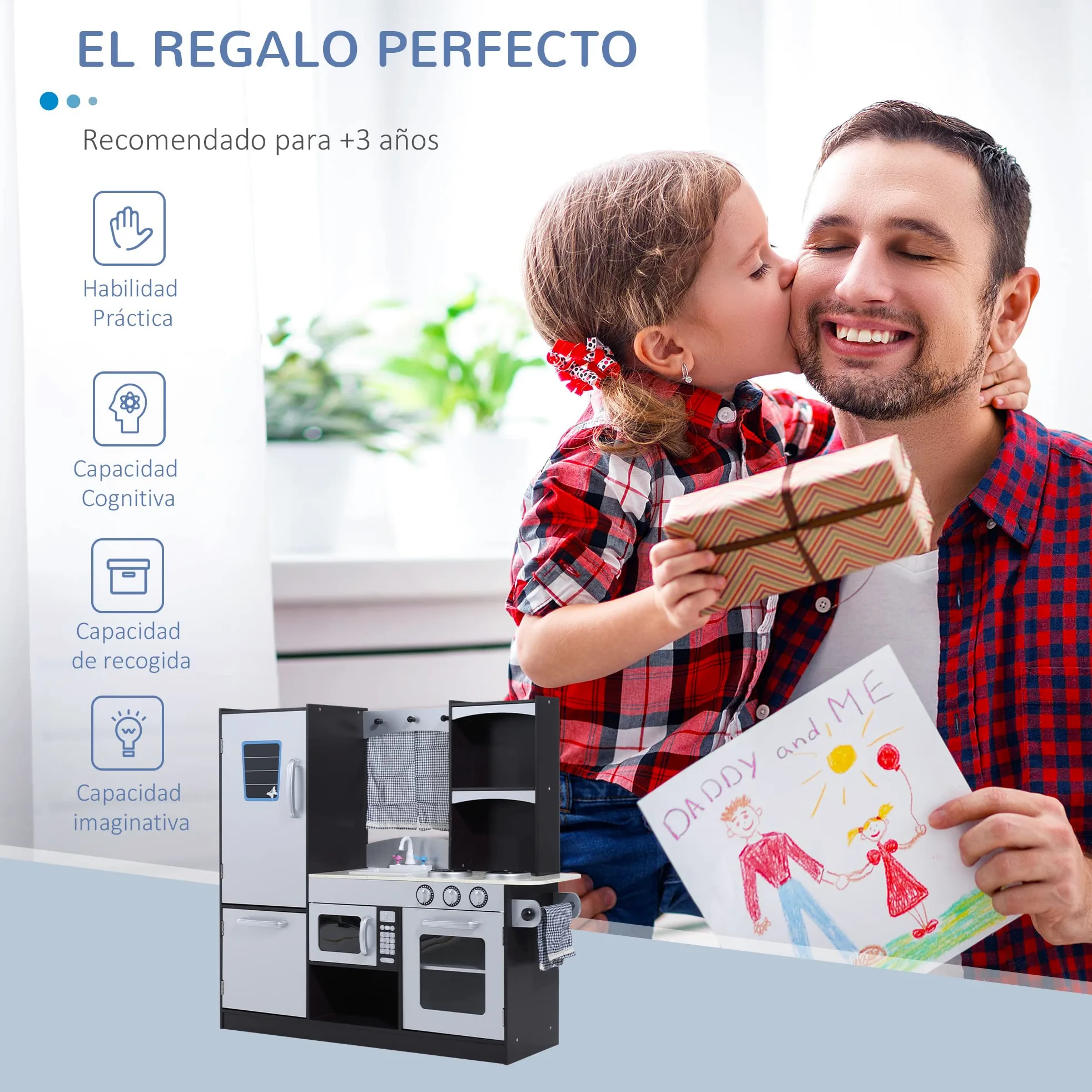 HOMCOM Conina de Juguete con Accesorios 105x31,5x95 cm Plata/Marrón Oscuro | Madera Grande, Niños +3 Años, Cocina Infantil Juguete, Encimera, Juego Imitación, Horno, Microondas, Fregadero